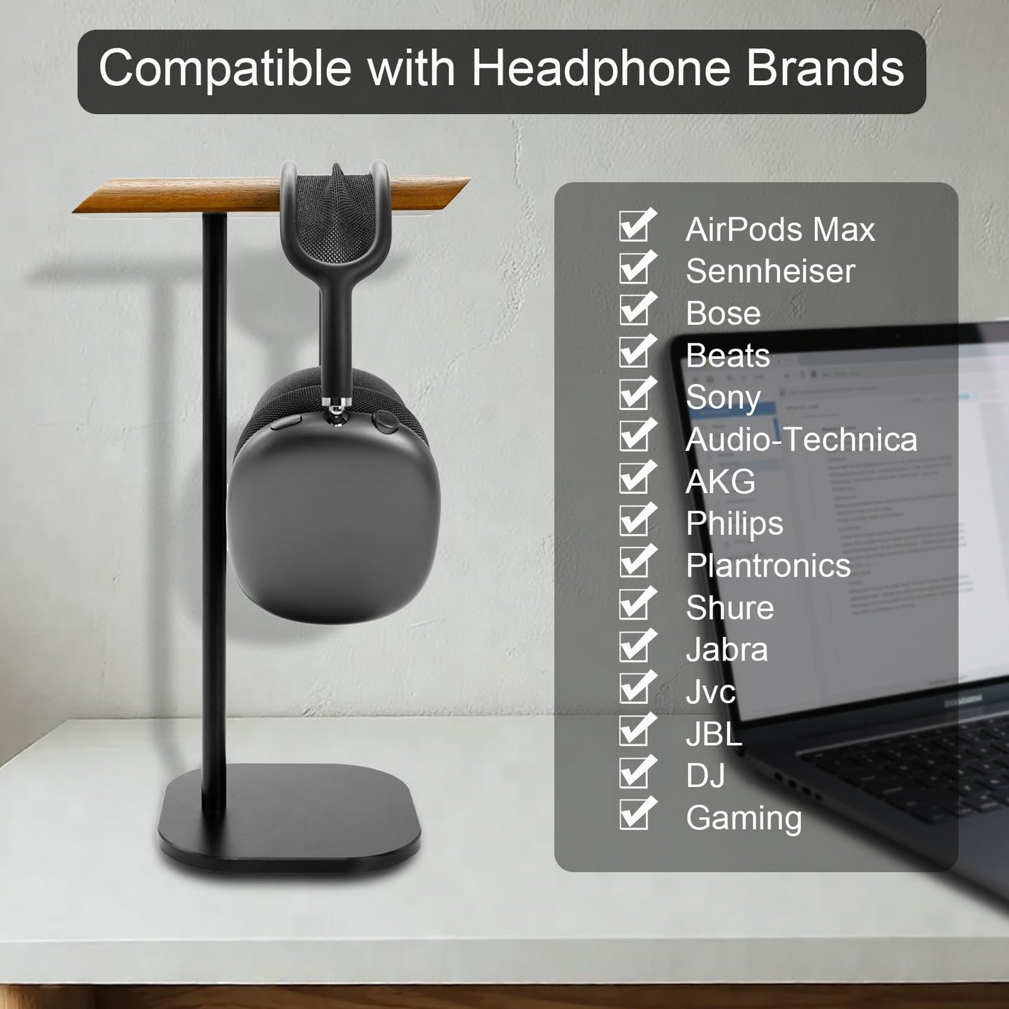 GEVO Headphone Stand for Desk, Walnut Wood & Aluminum Headset Stand, Universal Walnut Gaming Headset Holder with Solid Heavy Base for AirPod Max, Bose, Sony All Headphone Sizes (Square Base)