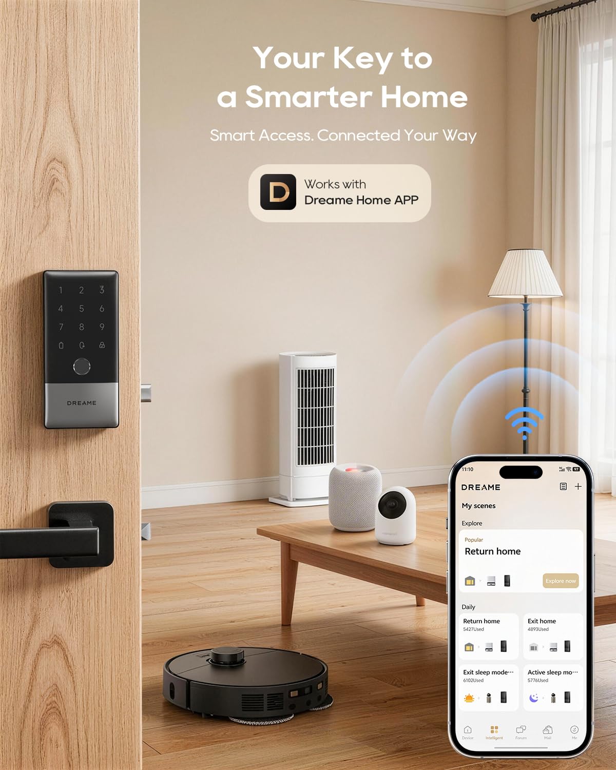 DREAME Wi-Fi Smart Door Lock for Front Door A10, Matter Over Thread, Works with Apple Home, Alexa, Google, AI Fingerprint Keyless Deadbolt Set, Geofencing Auto Unlock, BHMA Grade 2, IP65 Waterproof