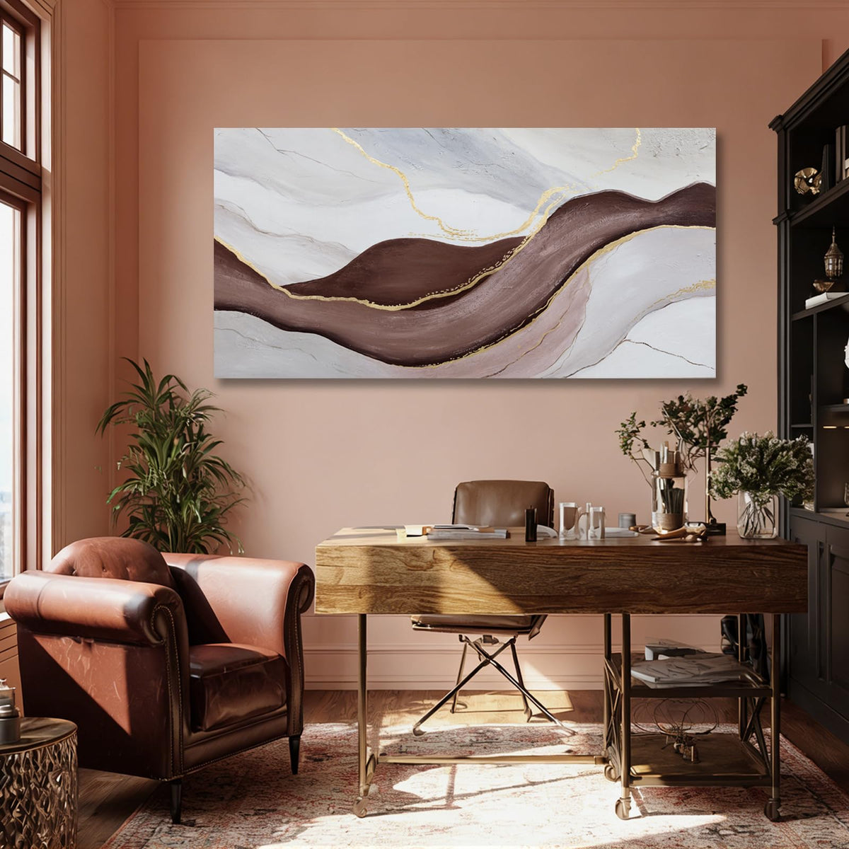Hue7Art Modern Abstract Canvas Wall Art Neutral Flowing Lines Painting in White Gray and Brown, Minimalist Contemporary Artwork for Living Room Bedroom Office Wall Decor 24x48 Inch