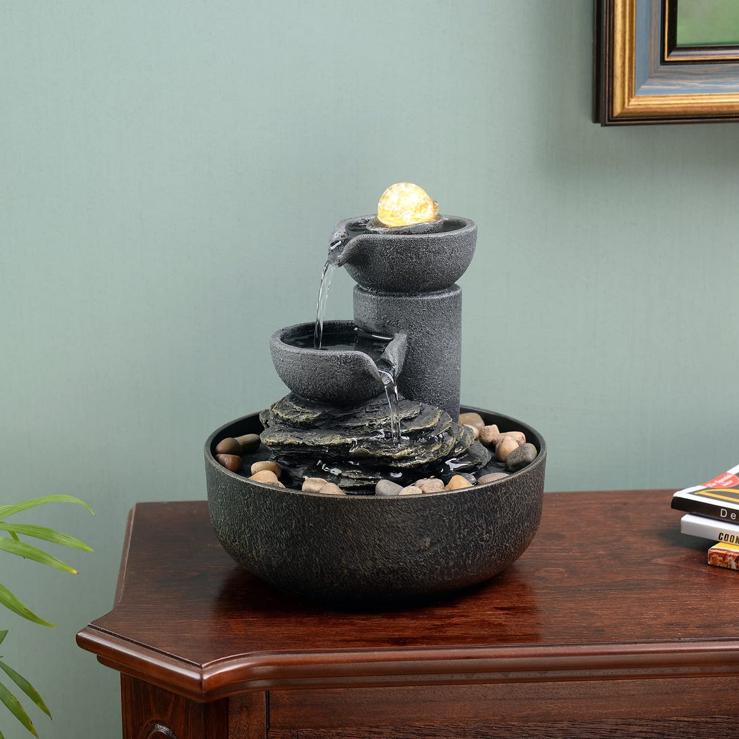 GOSSI Tabletop Water Fountain 2-Tier Indoor Waterfall Fountain with LED Light, Cobblestone & Glass Rolling Ball, Soothing Meditation Sounds for Office & Home Decor