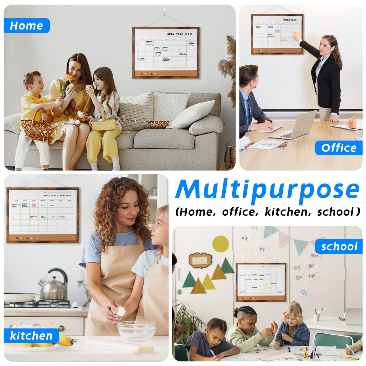 Dry Erase Calendar Whiteboard, 17" x 13" Magnetic Whiteboard Cork Board Combo, Reusable Monthly Planner with 8 Markers, Eraser, Magnets and Pushpins, Hanging Dry Erase Board for Home, School - Brown