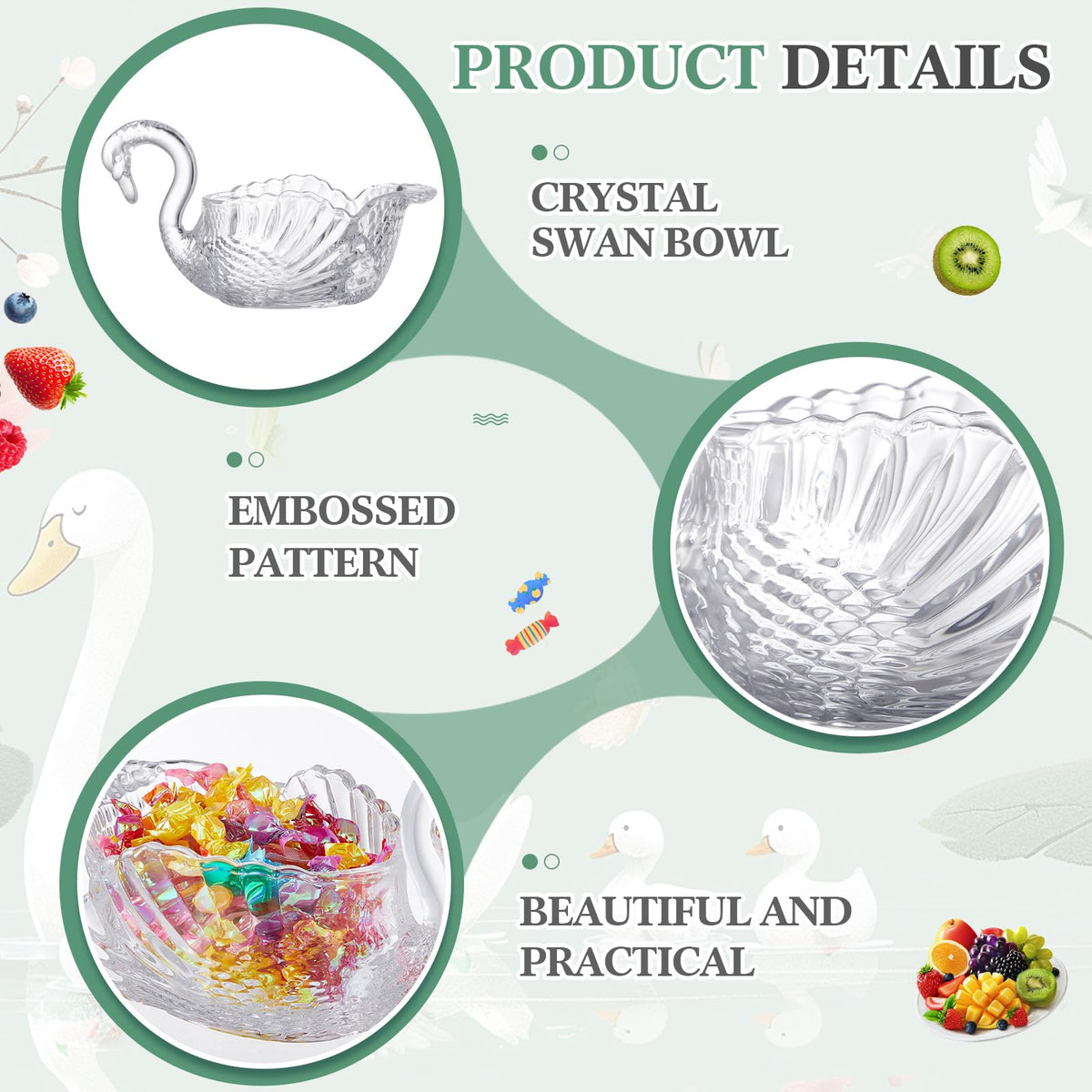 Patelai 9.8'' x 5'' Crystal Swan Bowl Decorative Centerpiece Glass Bowl for Candy Dish Flower Vase Fruits Table Decoration