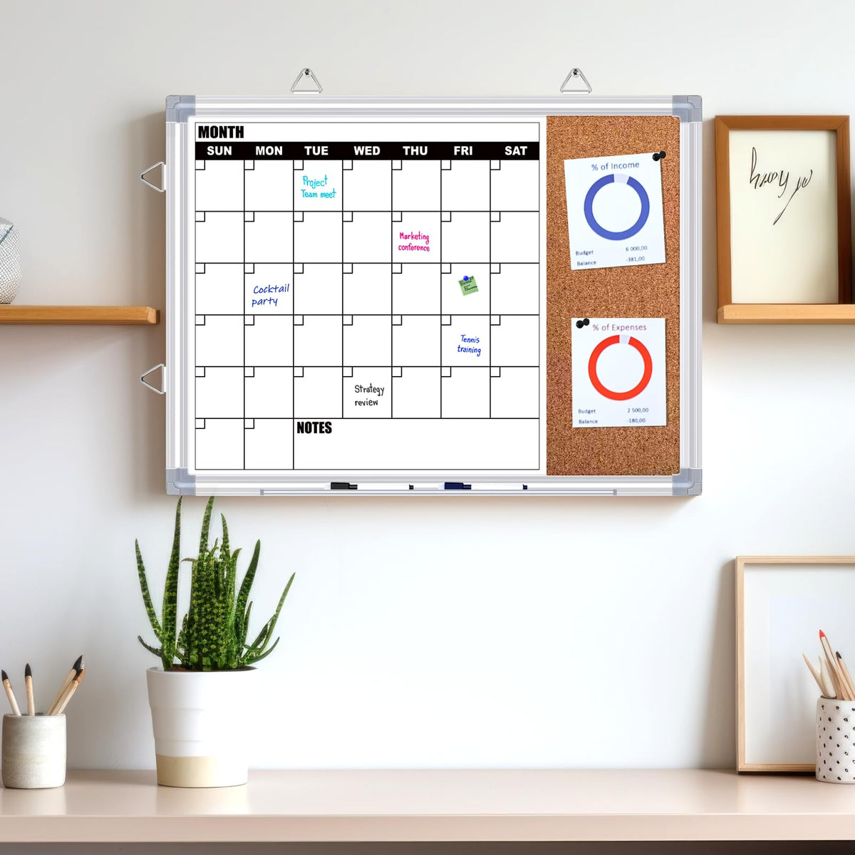 YUYIUS Calendar Whiteboard for Wall, 16" x 12" Double Sided Monthly Dry Erase Board Calendar for Office, Home, School, Hanging Cork Board White Board Combo, Portable Magnetic Dry Erase Planner Board