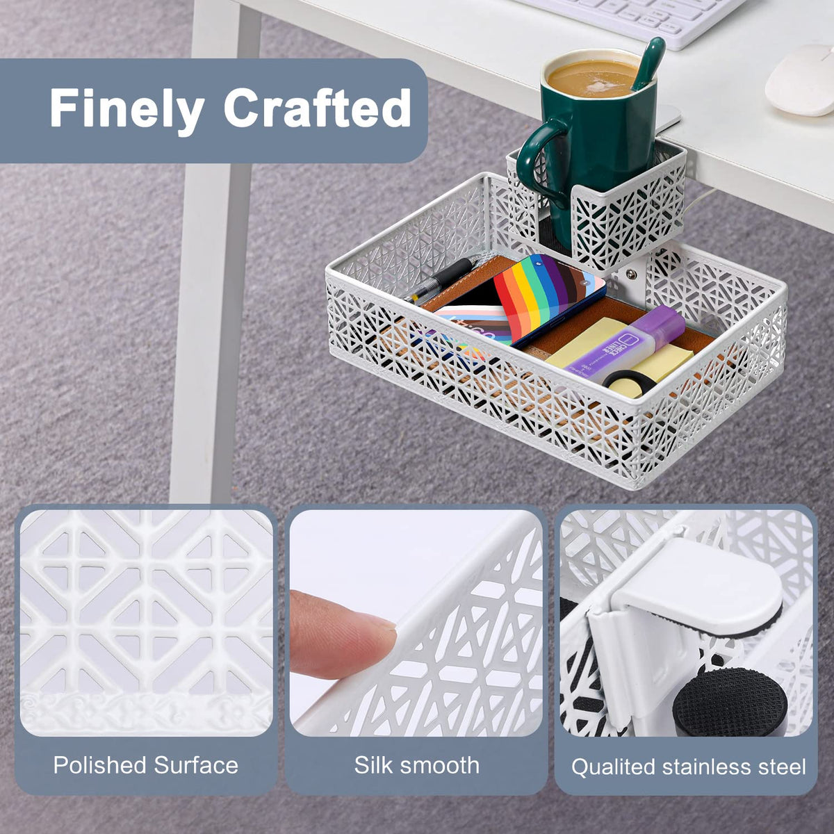 Aurynns Under Desk Drawer Organizer Clip-on Cup Holder Under Desk Storage Drawers Rotated Under Table Drawer for Desk Organizer Clamp Phone Holder Paper Drawer (White)
