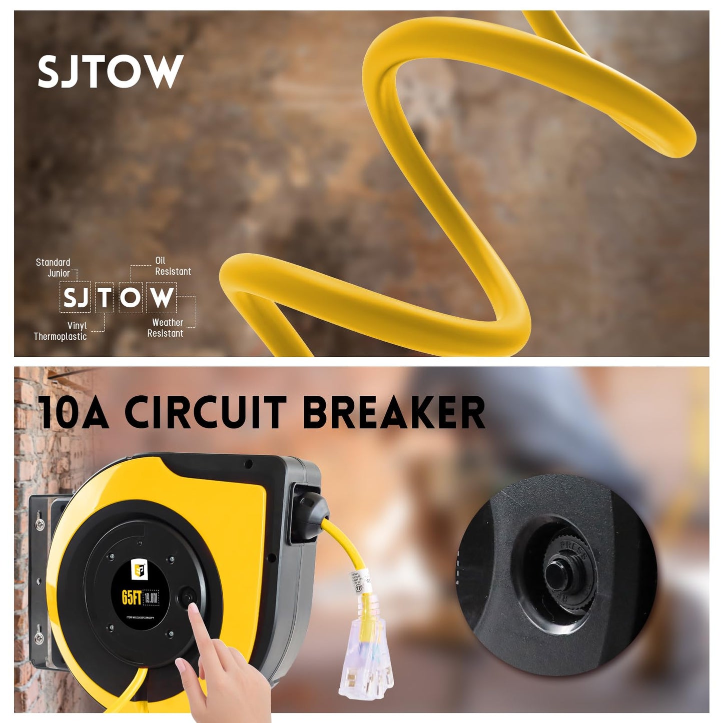 EP Retractable Extension Cord Reel,75 Feet 14 AWG/3C SJTOW Heavy Duty Power Cord,10 AMP Circuit Breaker, 3-Lighted Triple Outlets,Ceiling or Wall Mount Use Indoor, Yellow