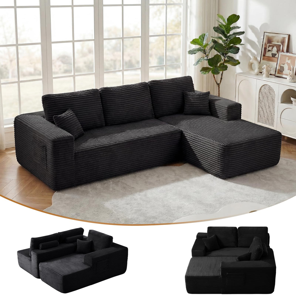 Yafylly 104'' Boneless L-Shaped Sectional Sofa with Throw Pillow & Side Pockets – No Assembly Compressed Modular Couch, Memory Foam Deep Seat for Living Room, Bedroom, Black (Right Facing)