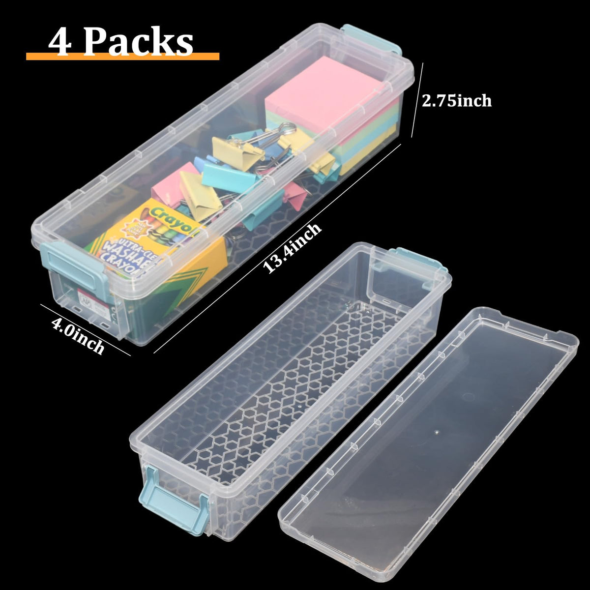 Chistepper 4 Packs Extra Long Pencil Box Large Capacity Pencil Case Clear Plastic Storage Container Long Paint Brush Storage Box Plastic Pencil Holder with Latching Lids (4)