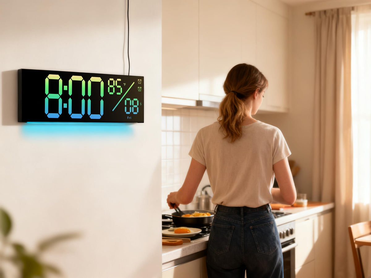 11-Inch LED Digital Wall Clock with RGB Flowing Light, Seconds,Date,Time,Temperature｜Large Clear Display, Countdown Timer,Dual Alarms,Remote Control｜Silent Modern Clock for Bedroom, Living Room,Office
