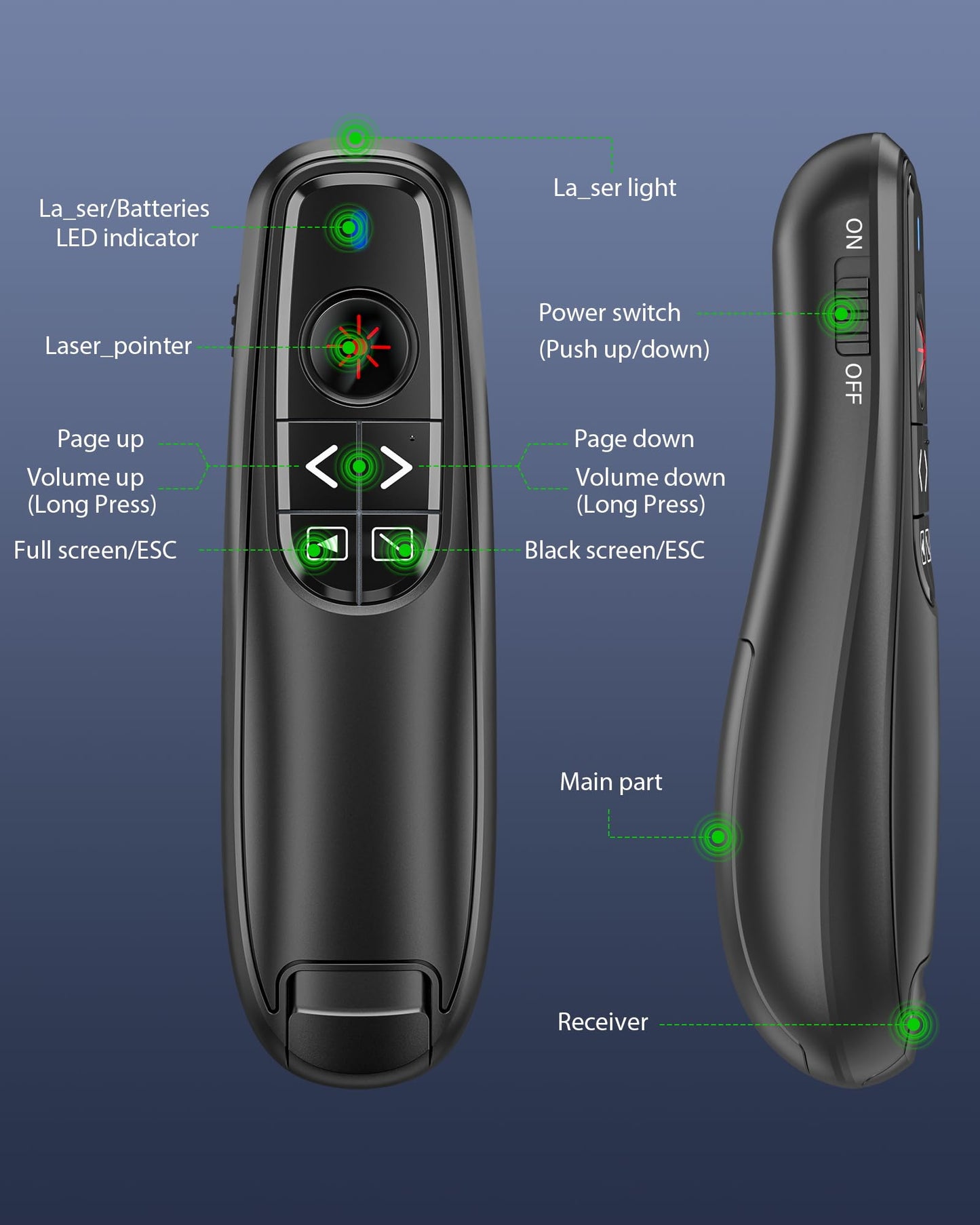 2-in-1 USB Type C Presentation Clicker Wireless Presenter Remote Clicker for PowerPoint Presentations with Pointer, RF 2.4GHz USB C PowerPoint Clicker Slide Advancer for Computer/Mac/Laptop