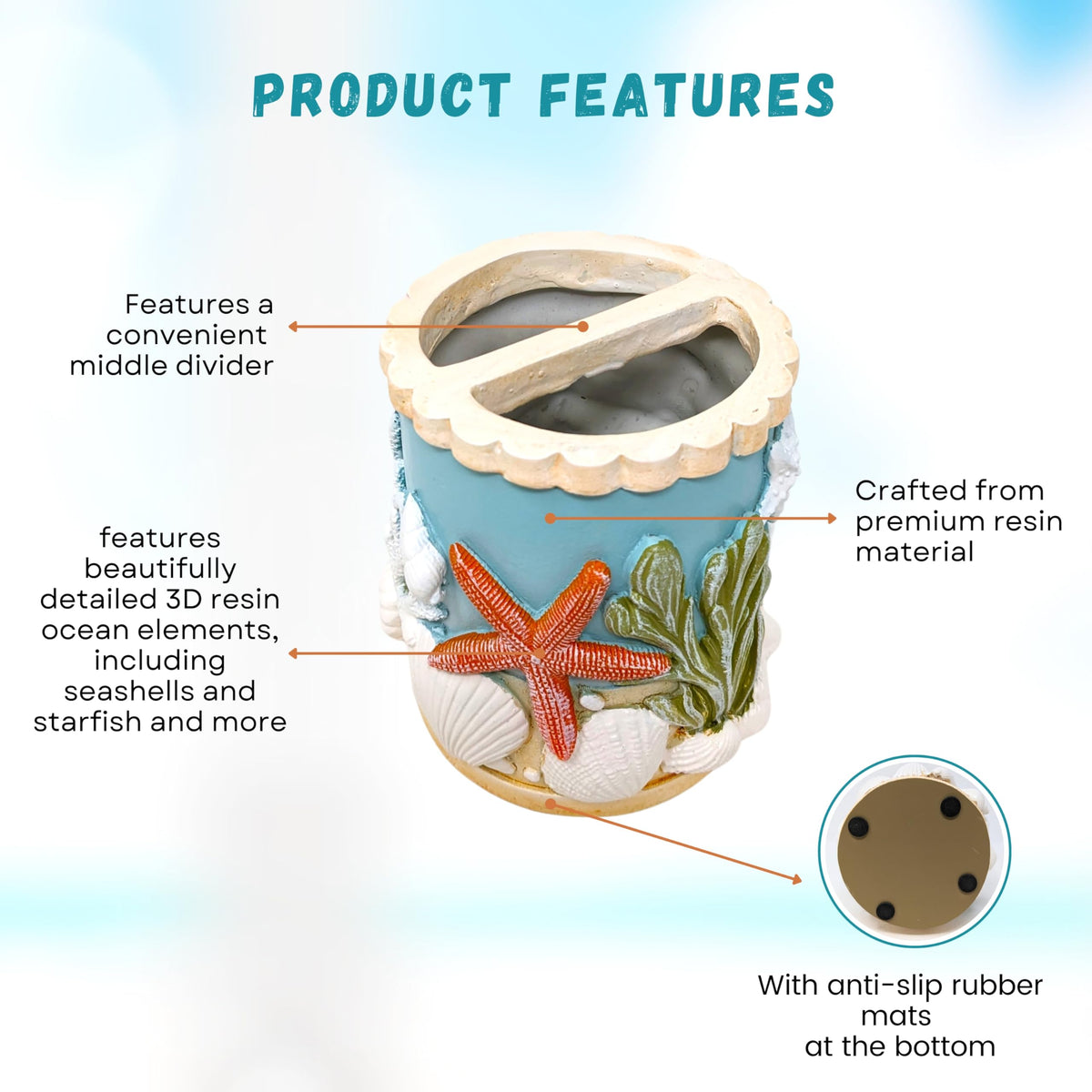 Seaside Splendor Toothbrush Holder – Beautifully Detailed 3D Ocean Elements, Seashells, Starfish, Premium Resin for Coastal Bathrooms, Guest Baths, Beach-Themed Décor, and Nautical Home Accessories