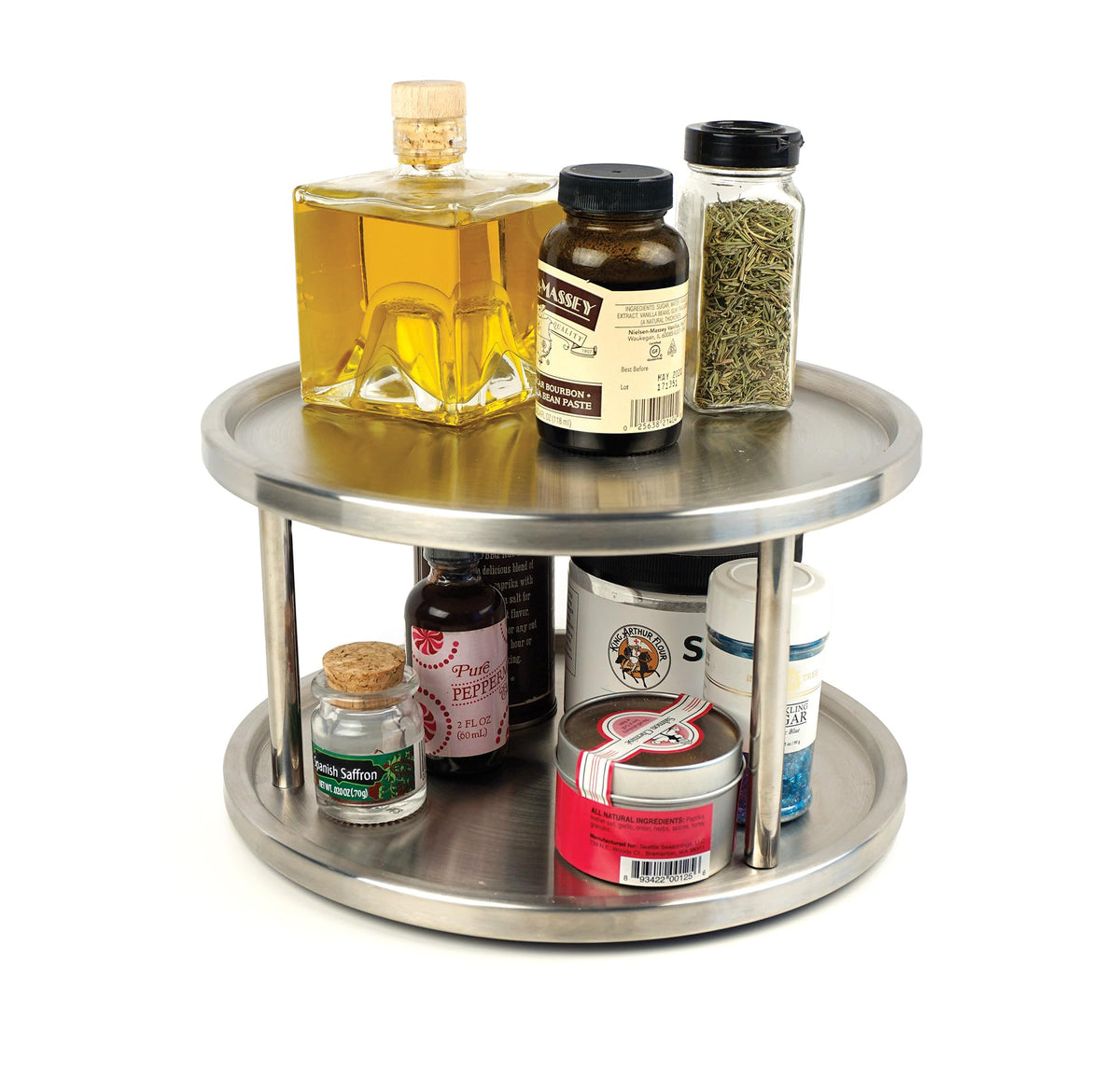 RSVP International Two-Tier Turntable Lazy Susan | Handy in Cabinet, Refrigerators & Counters | Organize Spices, Canned Foods, Pots, Pans, Dinnerware, 10.5" x 6", Stainless Steel