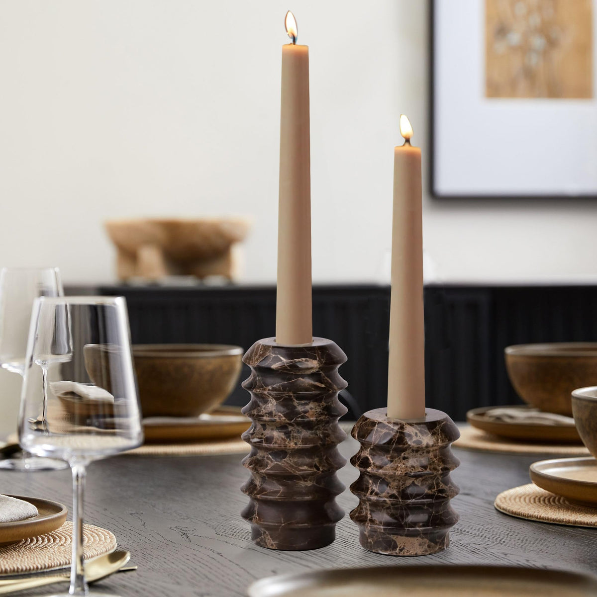 HofferRuffer Marble Candlestick Holders, Set of 2 Natural Stone Candle Holder Decorative Candle Stands for Wedding, Dinning, Party, Table Centerpieces, Fits 3/4'' Thick Candles (MarbleBrown)