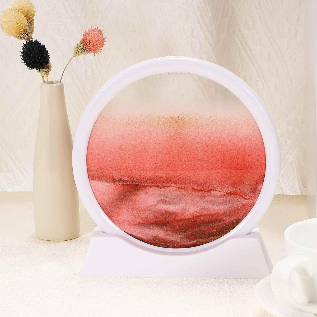 HEARTOOL Moving Sand Art Picture 7" Round Tempered Glass 3D Liquid Motion Deep Sea Flowing Sand Scene with Display Frame Perfect for Desktop & Office & Work Decoration (Red)