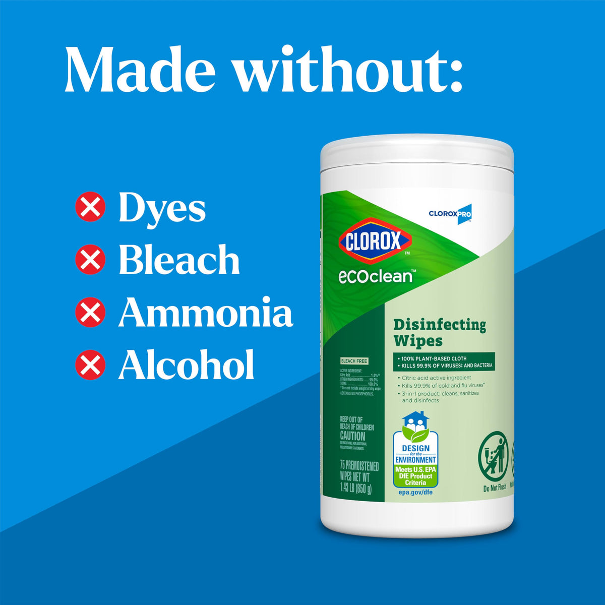 CloroxPro Clorox EcoClean Disinfecting Wipes, Multipurpose 100% Plant Based Cleaning Cloths, Antibacterial Disinfectant, Safe for Multi Surface Use, 75 Count