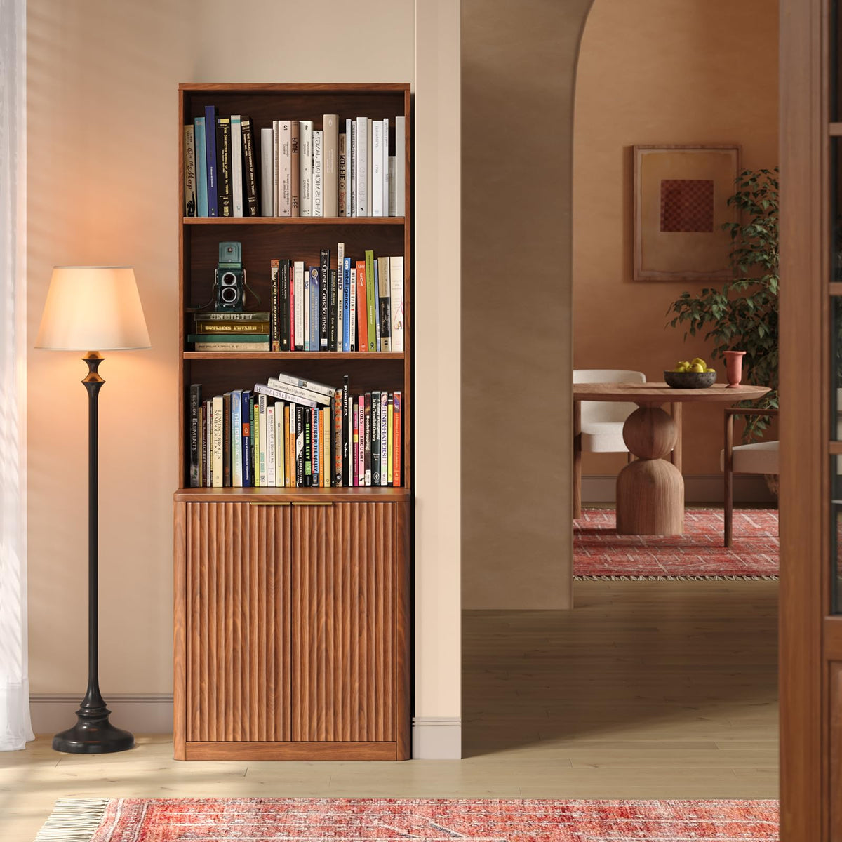 Hootata 71" Walnut Bookcase with Doors, 5 Tier Fluted Tall Bookshelf with Storage, Librero with Cabinet for Home Office, Living Room,or Bedroom