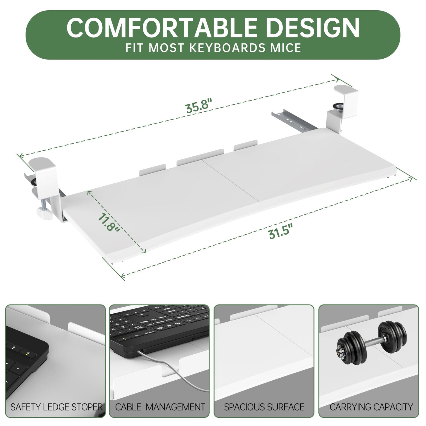 UPGRAVITY Extra Large Keyboard Tray Under Desk - Slide Out with Sturdy C-Clip Mount System, 31.5" (35.8" Including Clamps) x 11.8" Put-Out Keyboard Tray Computer Drawer for Ergonomic Typing, White