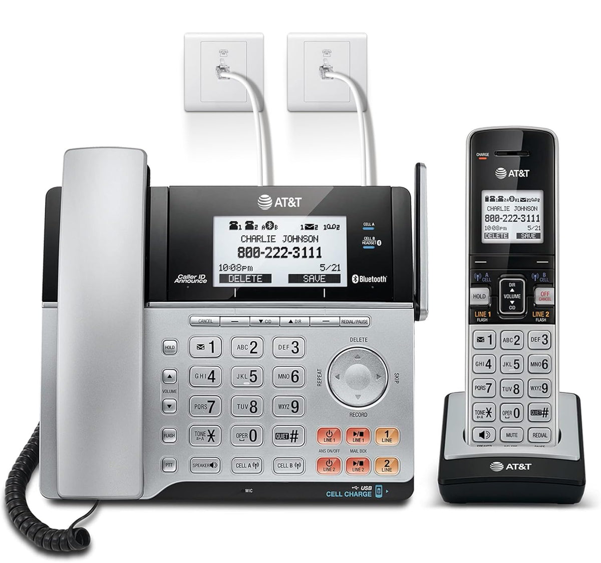 AT&T TL86103 2-Line Corded/Cordless Phone System for Small Business with Answering Machine, Connect-to-Cell Bluetooth, Caller ID, Intercom, Long Range & Expandable to 12 Handsets (Silver/Black)