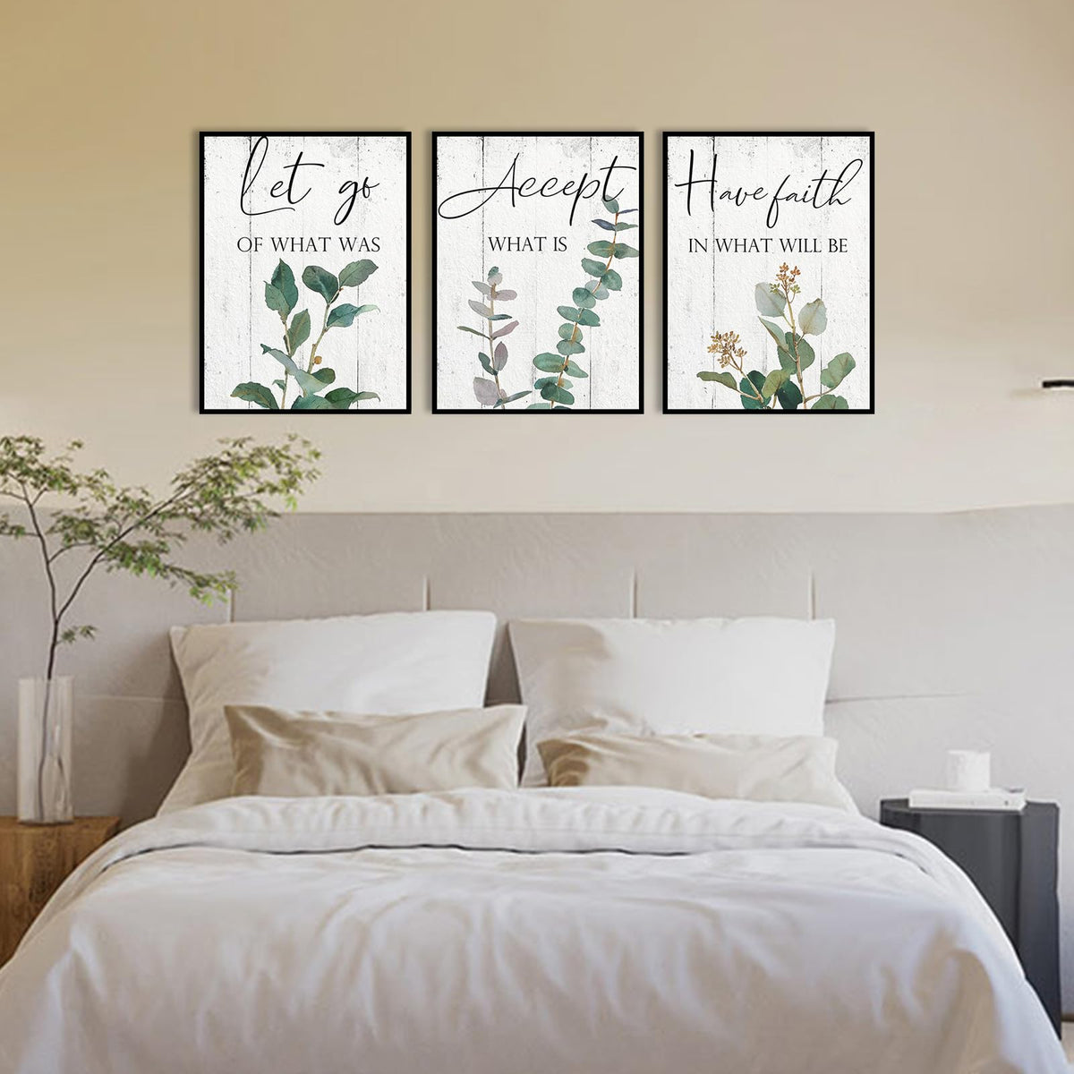 Inspirational Wall Art Office Decor: 3 Piece Motivational Quotes Wall Art 12"x16",Accept Let Go Have Faith Wall Decor for Office,Eucalyptus Pictures Framed Hanging Inspirational Posters for Bedroom