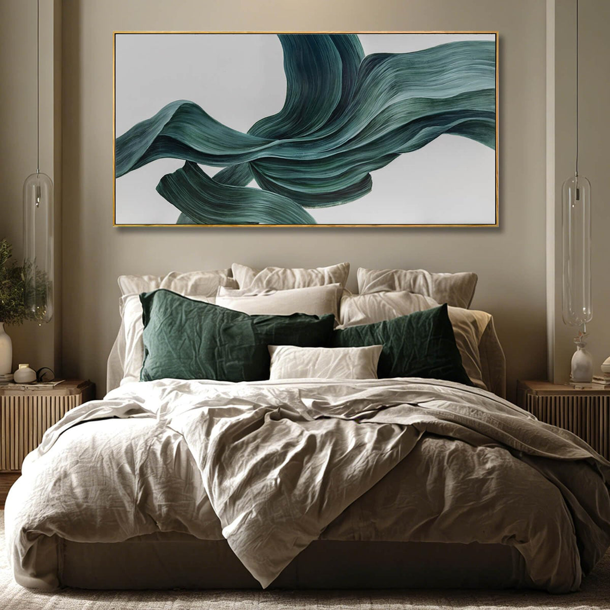 Green Abstract Wall Art 24x48 Inch, Large Framed Canvas Painting with Wooden Frame, Modern Minimalist Wall Decor for Living Room Bedroom or Office