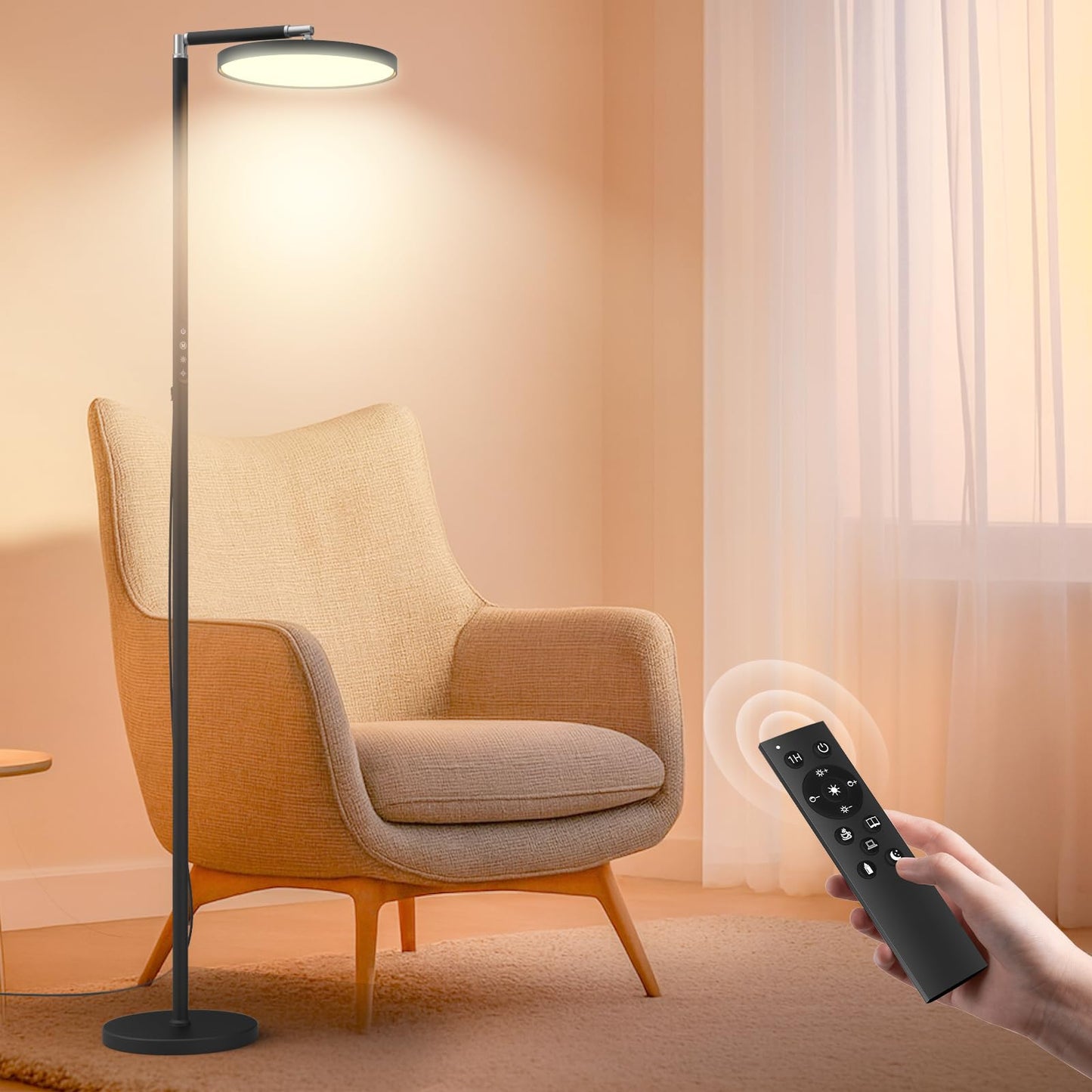 Light Floor Lamp 12000 Lux – UV-Free Full Spectrum LED Floor Lamp with 10 Brightness Levels, 5 Color Modes, 2 Setup Options, Adjustable Height, Remote & Timer for Reading, Bedroom, Office (Black)