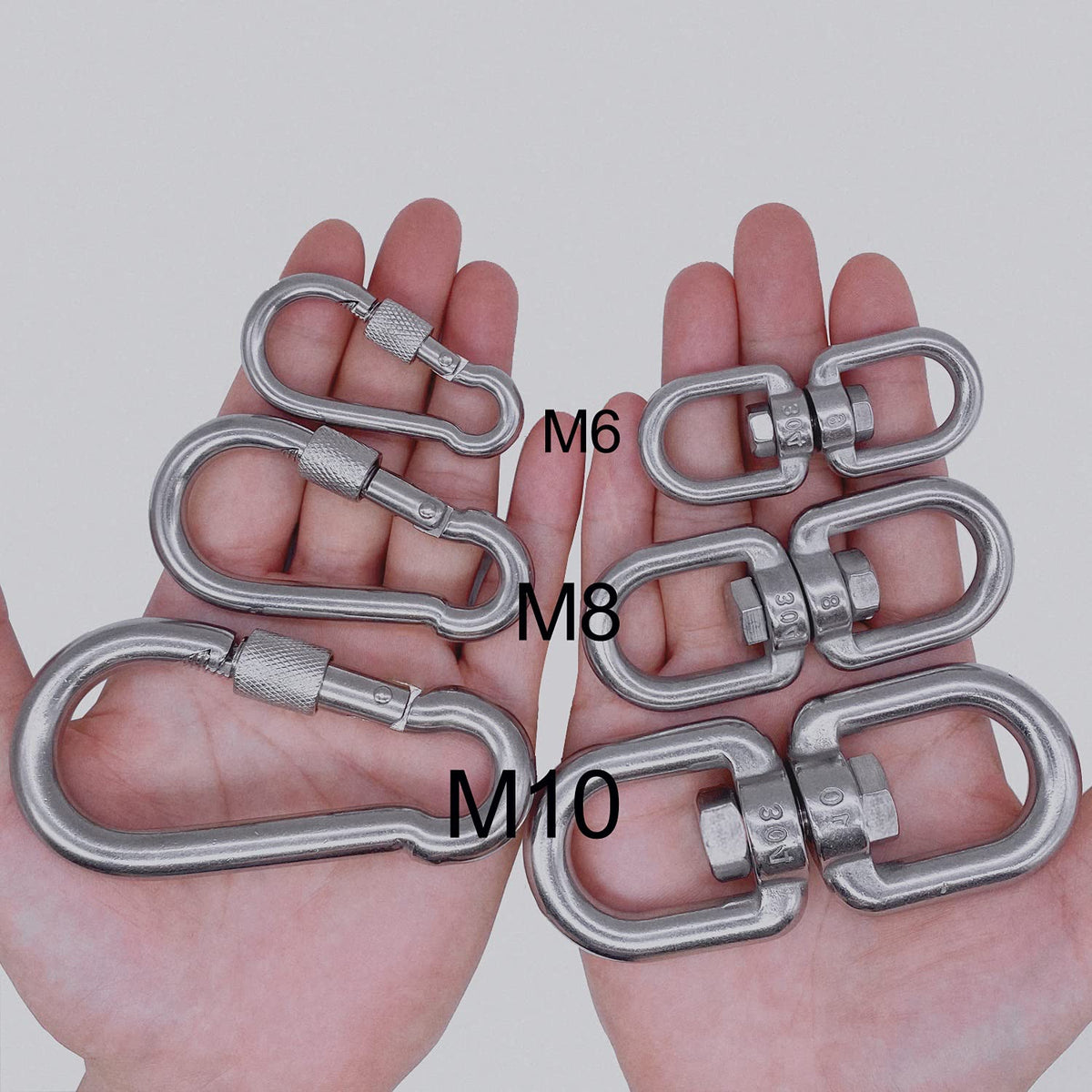 2+1 Heavy Duty 304 Stainless Steel Swivel Ring Double Ended Swivel Eye Hook with SUS304 Snap Hooks for Web Tree Swing, Swing Spinner Hanger, Reliable and Safe (M8)