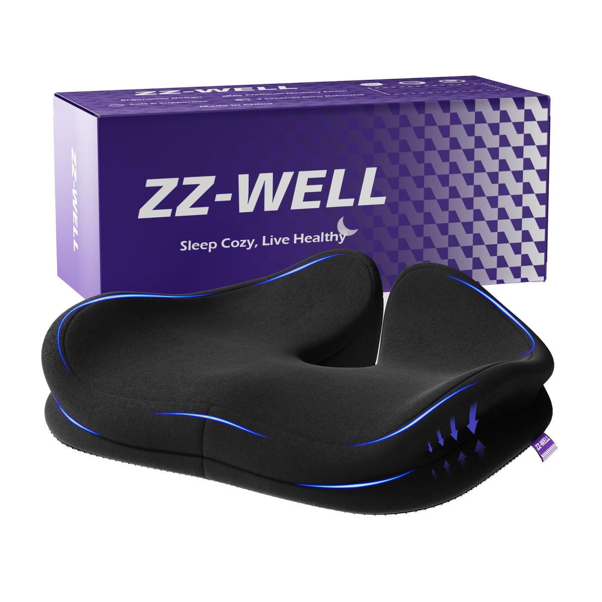 ZZ-WELL Seat Cushions for Office Chairs - Patented Coccyx Cushion for Tailbone Pain - 21.2" W x 16.5" L Memory Foam Extra Large Seat Cushion, Removable & Machine Washable Cover (Black)