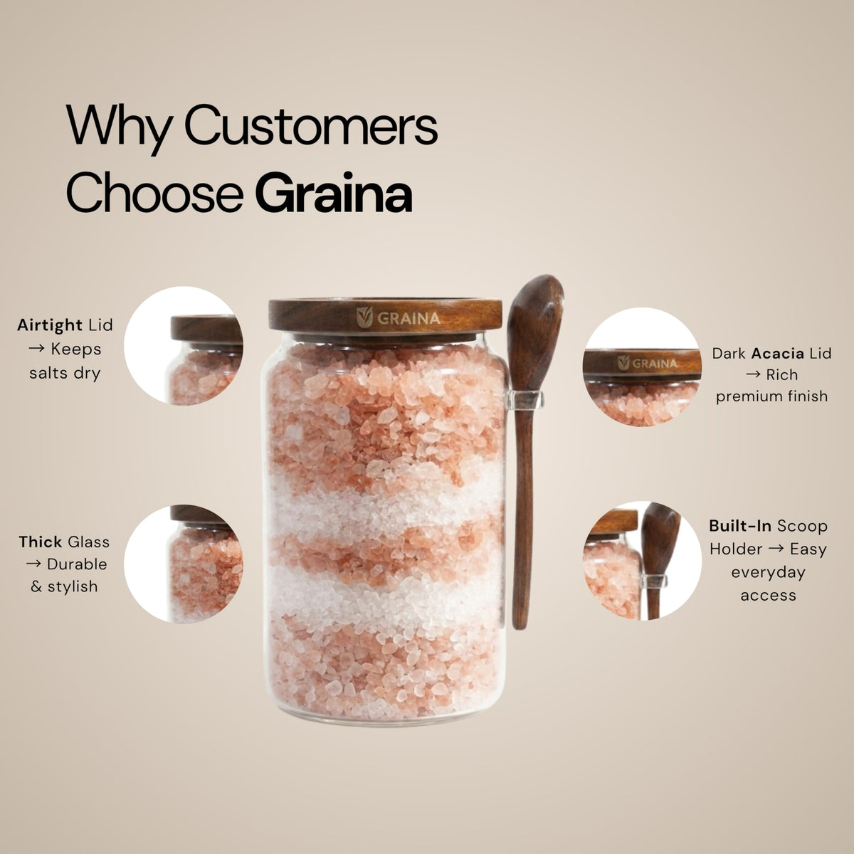 Graina Large Bath Salt Container with Scoop | 74 oz Bath Salt Jar with Lid & Scoop | Airtight Glass Canister, Premium Dark Acacia Lid, Bathroom Storage, Sugar & Coffee Canister, Home Storage