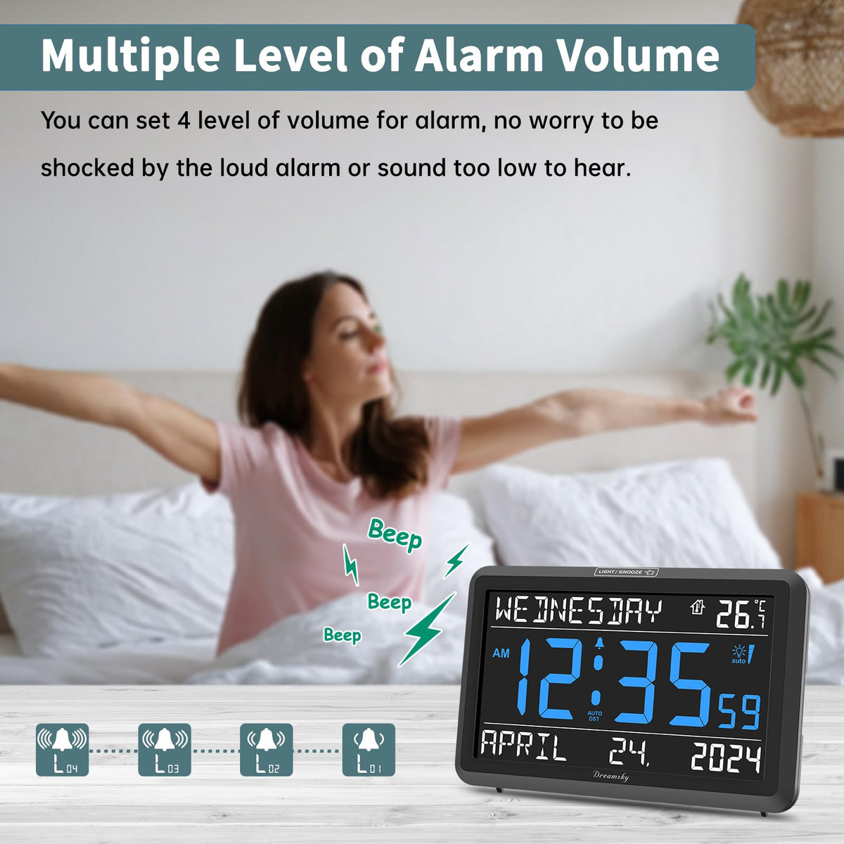 DreamSky Large Digital Clock with Date and Day of Week - Electric Desk Clock for Seniors Elderly, Bedroom Alarm Clock with Battery Backup, Dimmer, USB Port, Auto DST, Temperature, Adjustable Volume