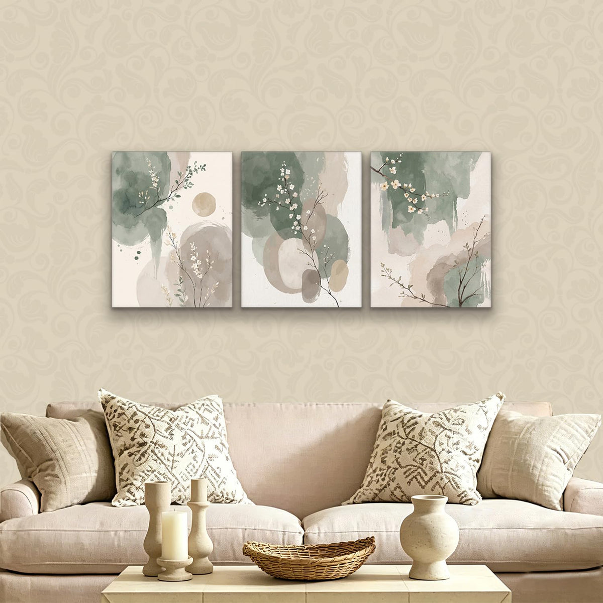 Framed canvas floral wall art neutral colors hazy feel botanical print poster gallery style painting print for living room bedroom bathroom office 16x24 inch 3-piece set.