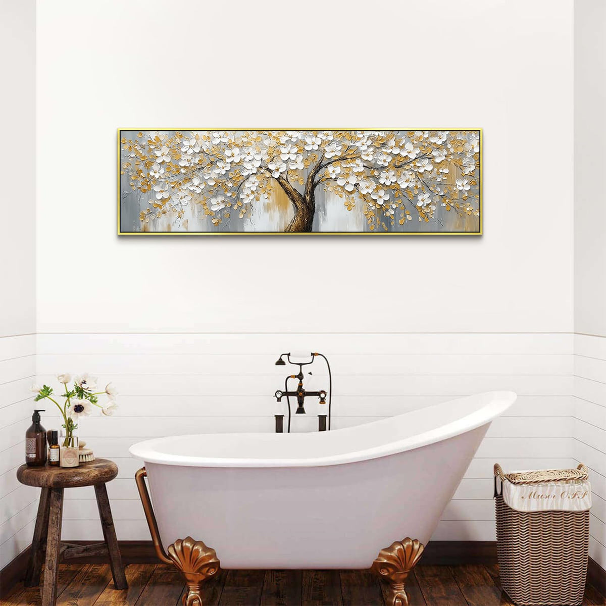 Abstract Tree Canvas Wall Art Gold Framed Modern Office Decorations,Yellow Gray Wall Decor Nature Blossom Flowers Trees Scenery Painting Poster Modern Artwork for Bedroom Home Decorations 14x48”