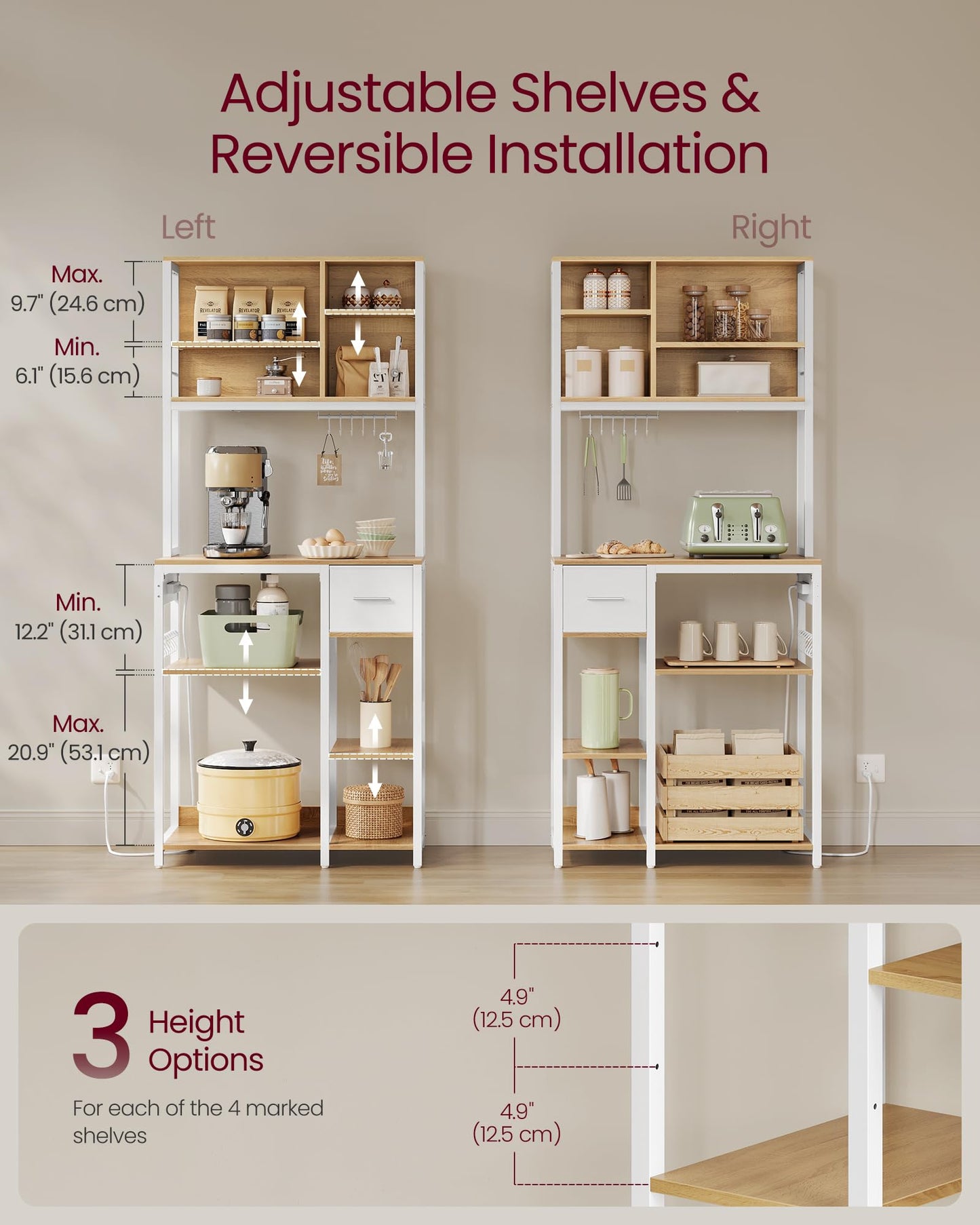 VASAGLE Bakers Rack with Charging Station, Coffee Bar, 15.7 x 31.5 x 71 Inches, Kitchen Microwave Stand, Adjustable Storage Shelves, Fabric Drawer, 12 Hooks, Golden Oak and Cloud White UKKS015Y03