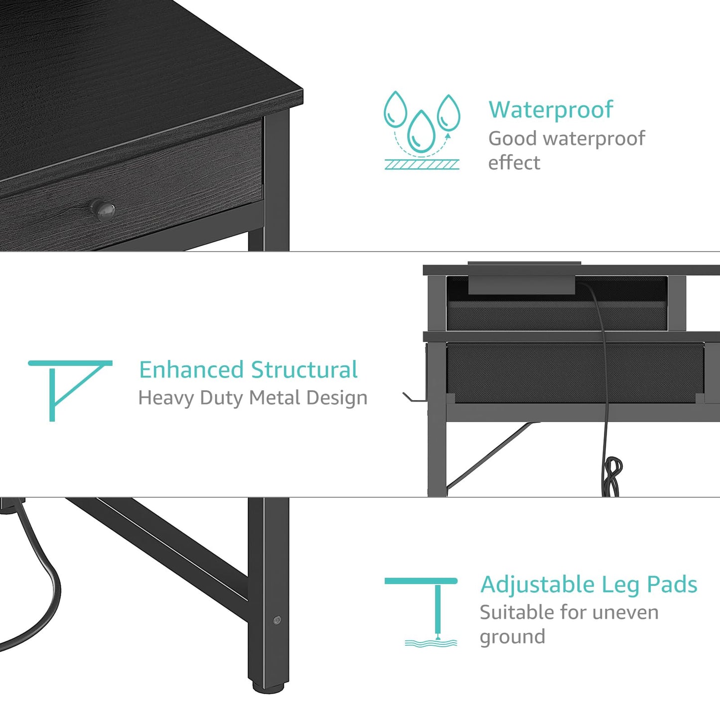 Lufeiya Small Desk with Drawers for Home Office Bedroom, 31 inch Black Writing Study Desks with Fabric Drawers Storage, Gaming Desk Table with Power Outlet & Monitor Stand, Black