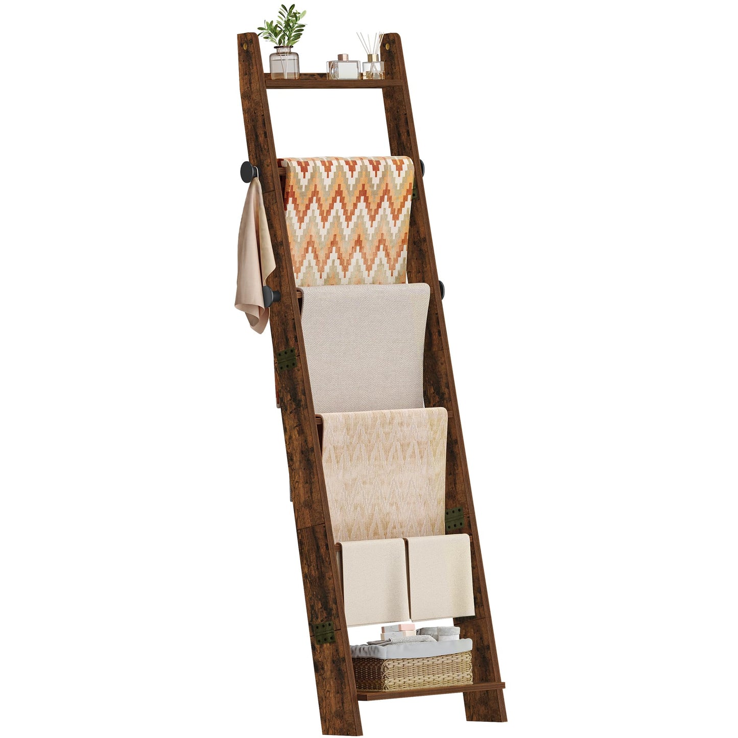 Hzuaneri Blanket Ladder for Living Room, Decorative Quilt Rack with 4 Removable Hooks, 6-Tier Blanket Ladder Shelf for Bedroom,Rustic Brown BR30601X