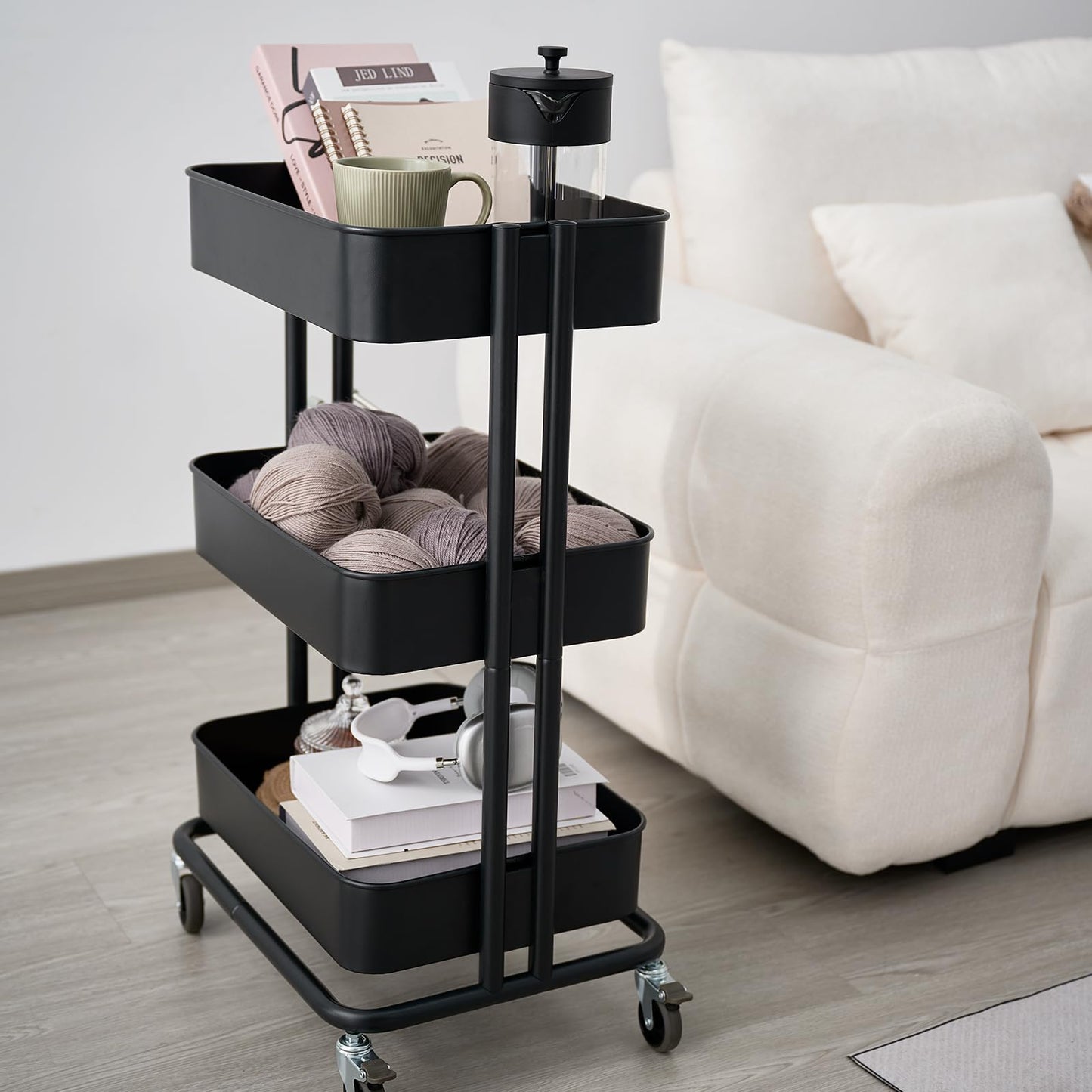 CARTTECH 3 Tier Rolling Cart Metal Heavy Duty Utility Cart with Silent Caster Lockable Wheels Multi-Functional Organization Carts Storage Trolley with Mesh Shelves for Office Kitchen Living Room Black