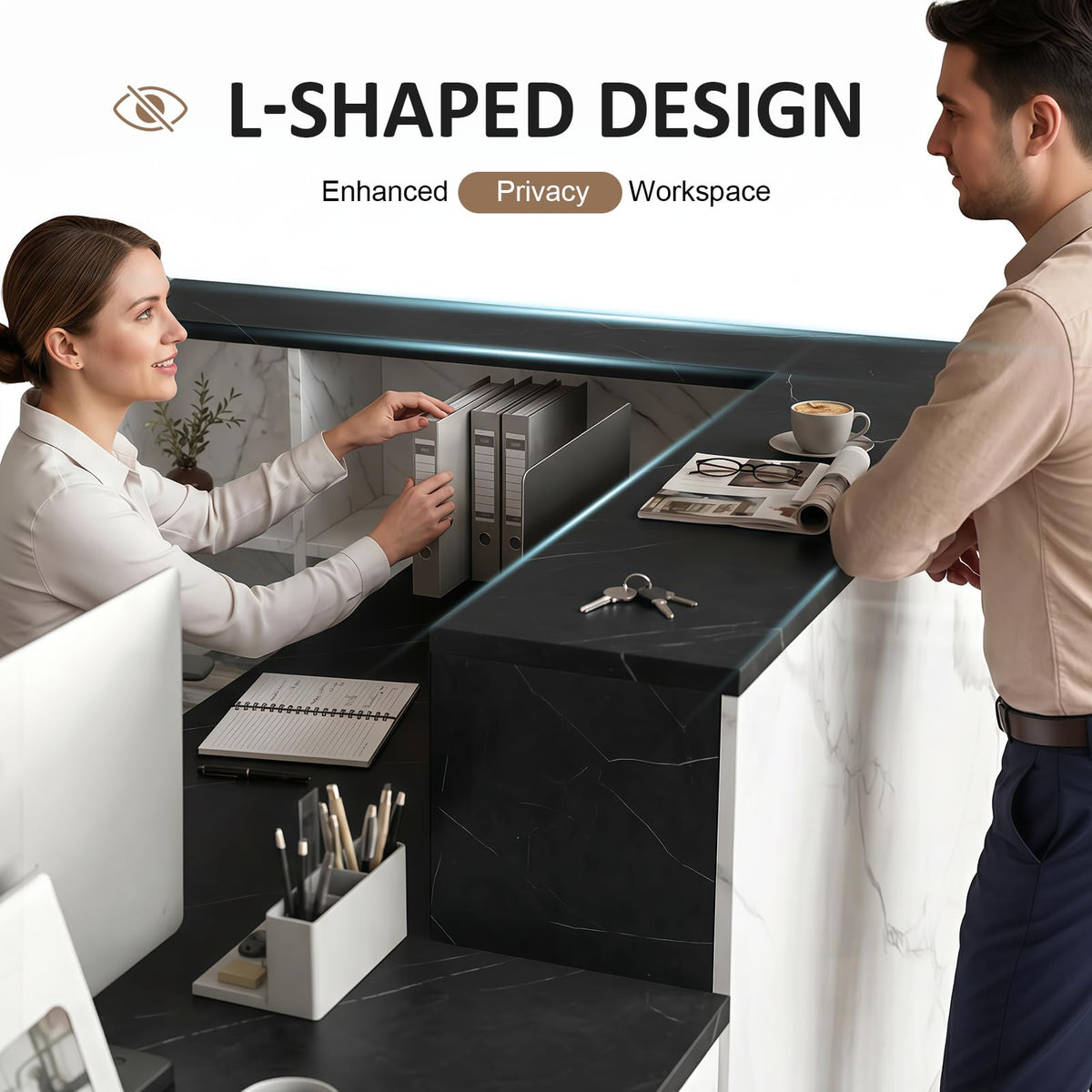 YTElantivo L-Shaped Reception Desk with Counter, 1-Inch Thick Board, Lockable Drawers & Keyboard Tray, Heavy-Duty Front Desk for Office, Salon, Hotel & Clinic