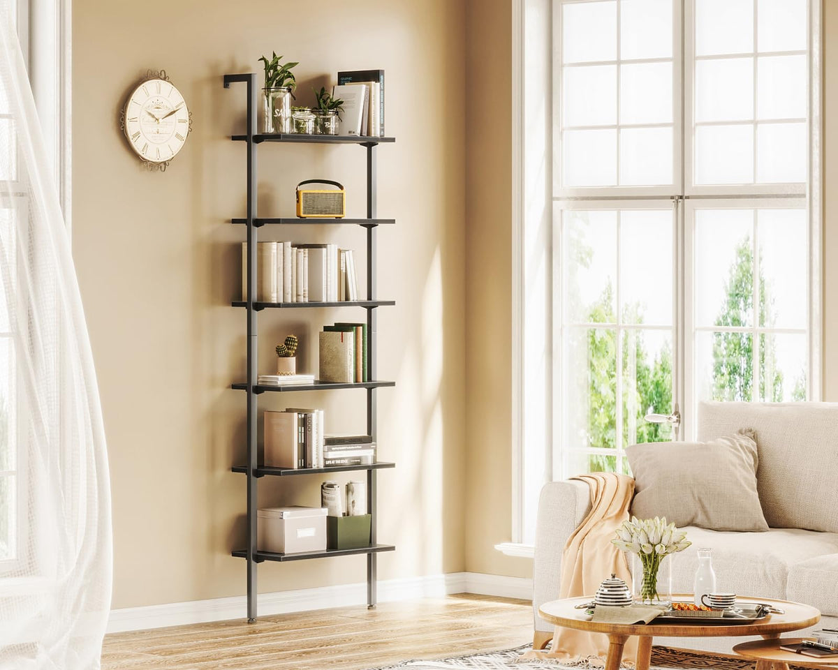 ODK 6-Tier Ladder Shelf, Book Shelf with Metal Frame, Bookcase for Living Room, Home Office, Kitchen & Bedroom, Space Saving Freestanding Organizer Rack, Black (10" D x 24" W x 87" H)