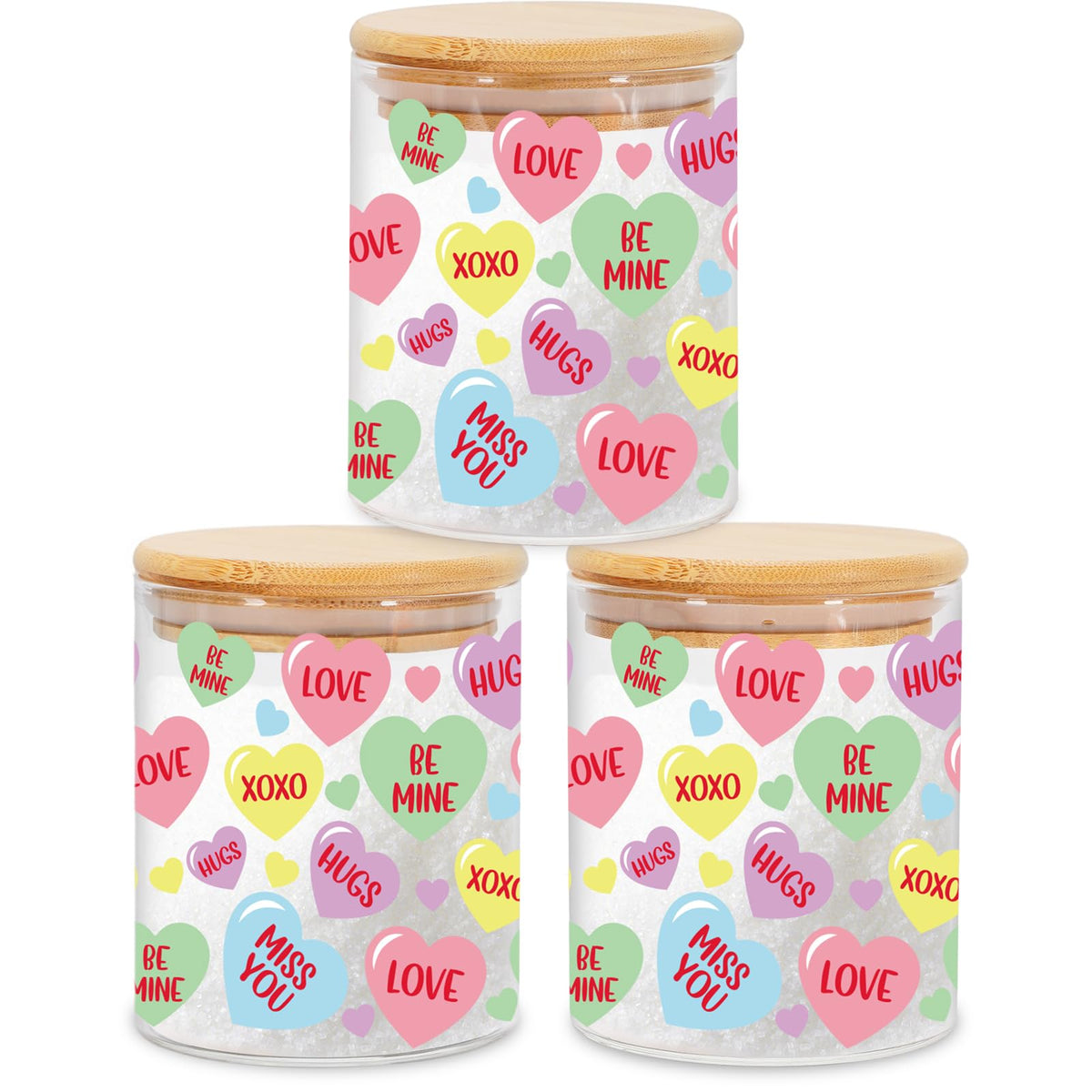JarThenaAMCS 3Pcs Valentine Glass Storage Jars With Airtight Lid Pastel Conversation Heart Decorative Canisters Sets For Home Kitchen Countertop