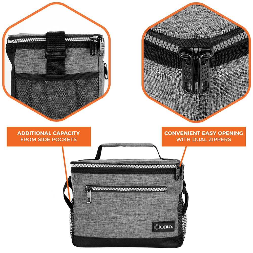 opux Insulated Lunch Box Men Women, Lunch Bag for Work School, Leakproof Soft Cooler Tote Adult, Large Lunch Pail Kids Boys Girls, Picnic Beach Food Bag with Shoulder Strap, Heather Grey