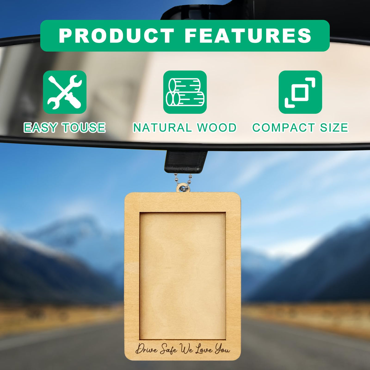 NOTISH Car Decor Hanging Picture Frame, Rear View Mirror Accessories, Car Picture Holder, Wallet-Sized Wooden Photo Frame, Mini Car Picture Frame(Drive Safe We Love you)