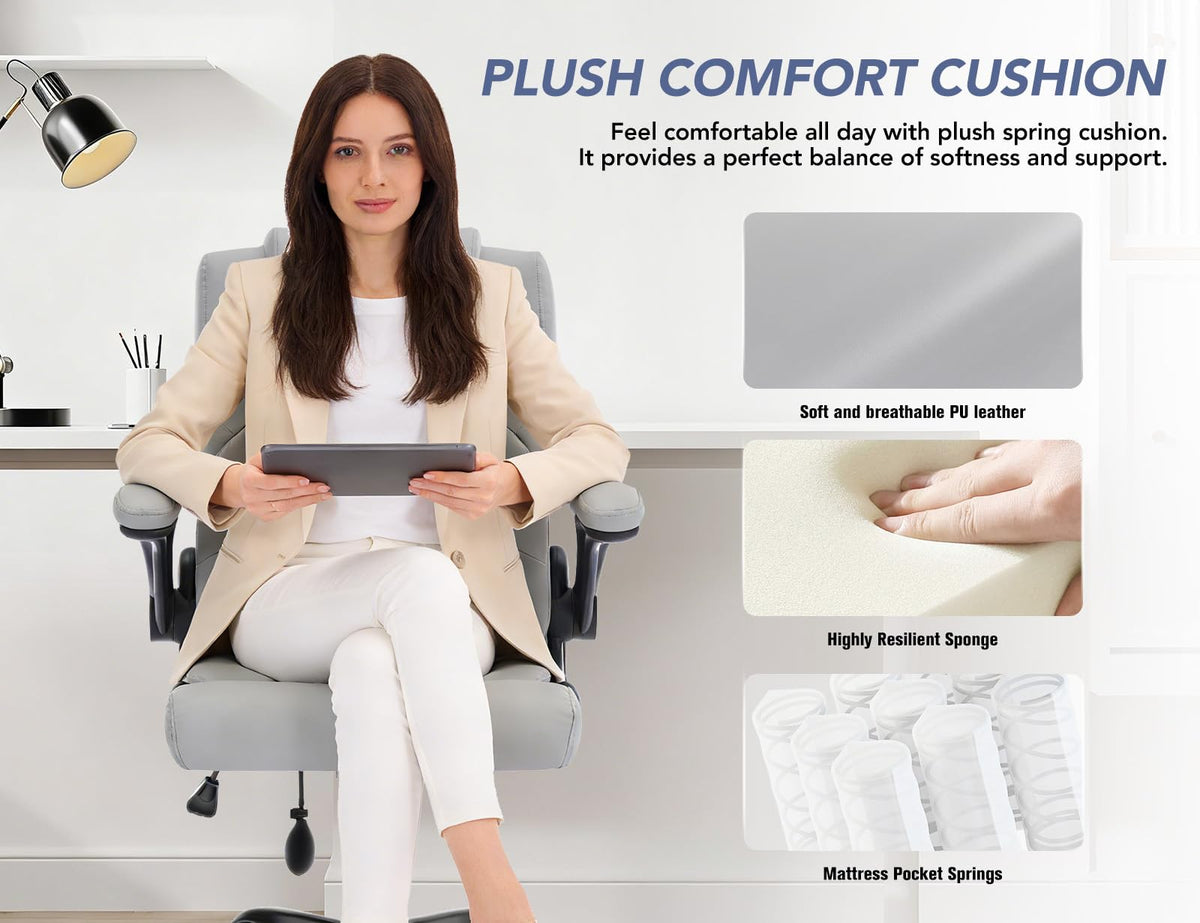 Office Chair with Adjustable Inflatable Lumbar Support,Leather Ergonomic Computer Desk Chair with Flip-up Arms,Adjustable Tilt Lock,Swivel Rolling Executive PC Chair for Work,Study,Meeting.Grey