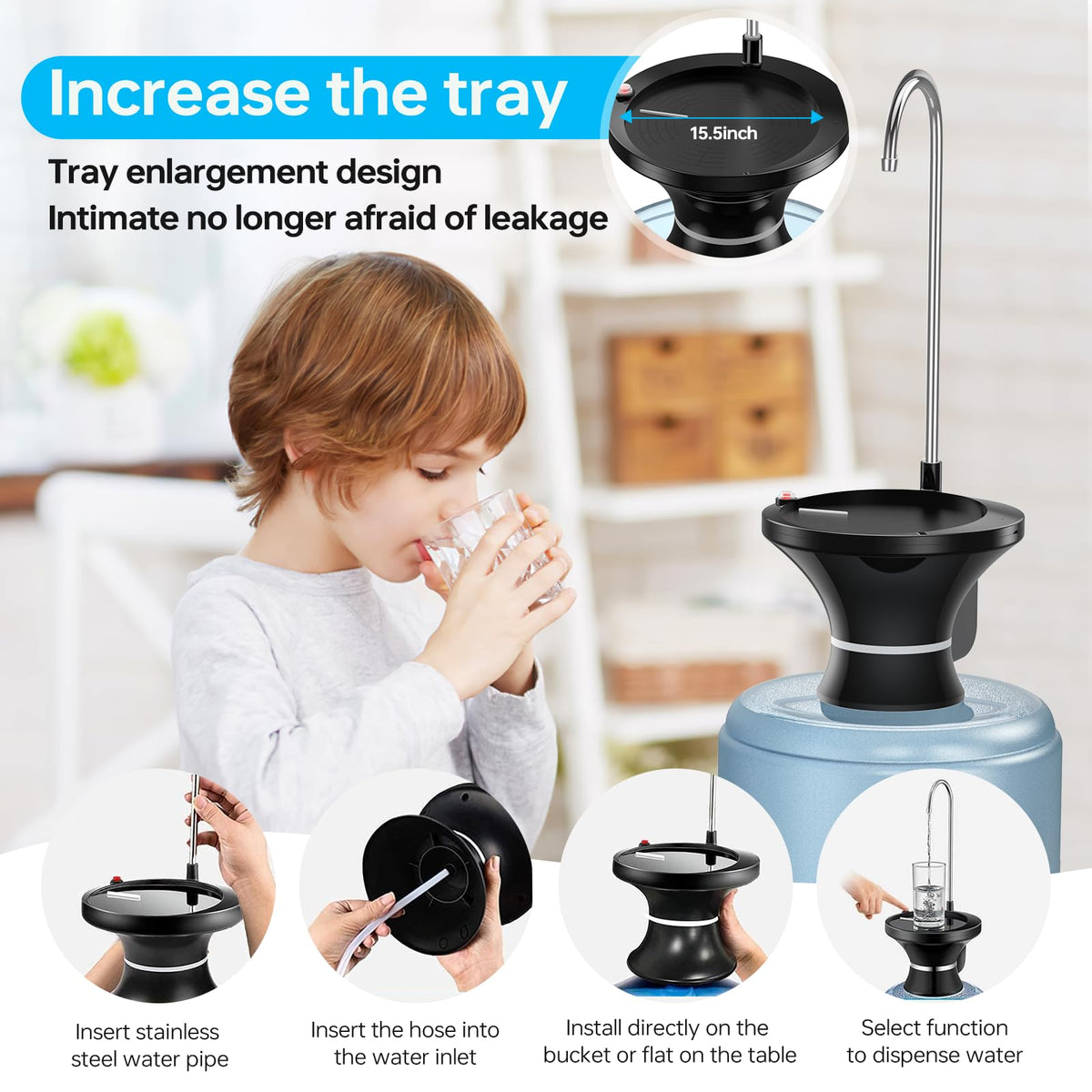 Drinking Water Dispenser Pump, Automatic Electric Drinking Water Bottle Pump for 2-5 Gallon Water Jugs, USB Rechargeable with 2 Switch Control, Stable and Portable for Home, Kitchen, Office, Camping