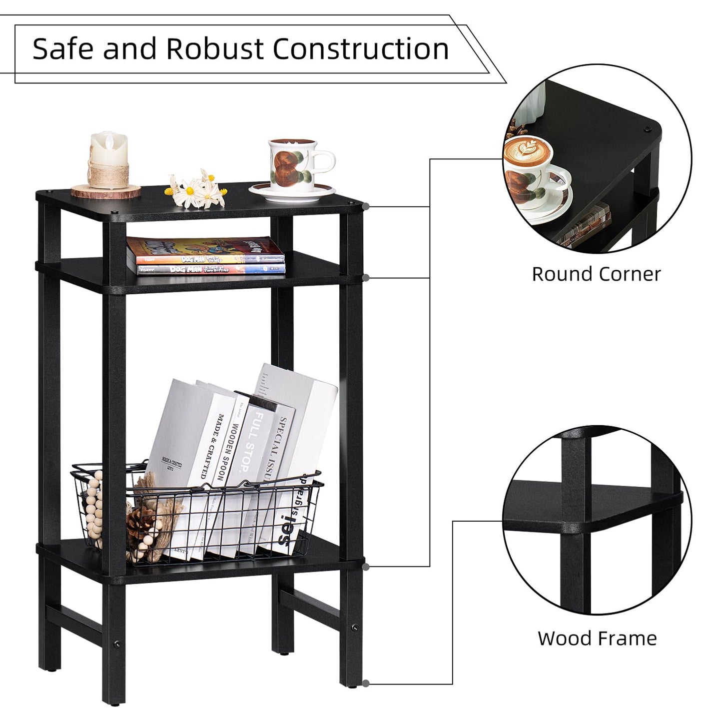 YUFAM Side Table End Table Tall Night Stand 3-Tier for Living Room Bedroom Bathroom Office Furniture Black