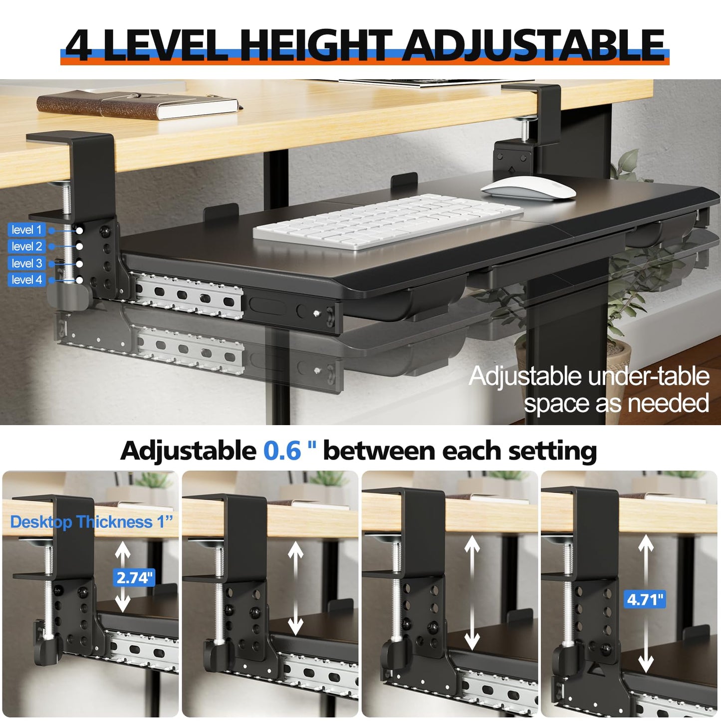 OUKMIC Large Height Adjustable Keyboard Tray with Sturdy C-Clamp Mount and Storage Drawer, 27"(31"Including Clamps) x 12" Slide Out Ergonomic Keyboard Trays for Home and Office, Black