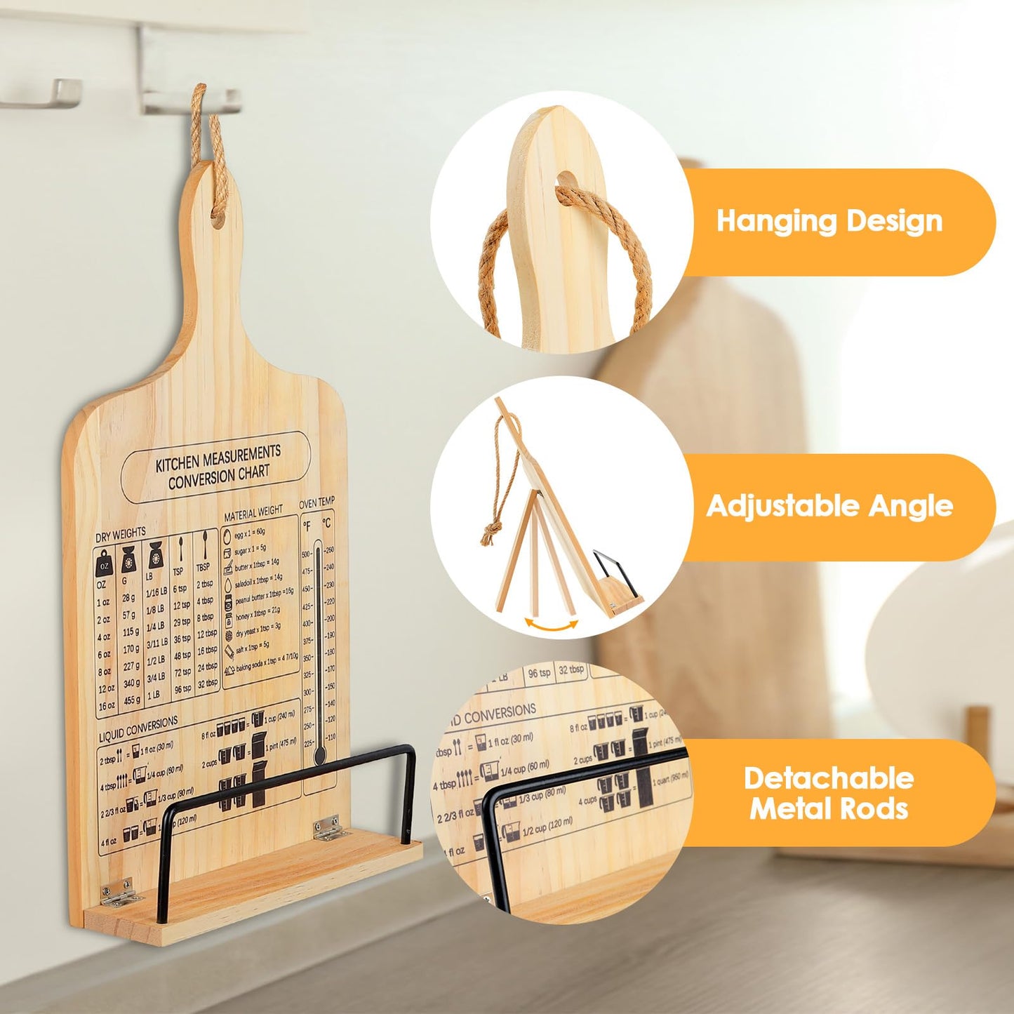 comfoyar Cookbook Stand for Kitchen Counter, Sturdy Recipe Book Holder with Adjustable Angle, Foldable Wood Cook Book Stand Holder with Measurement Conversion Chart, Easy Storage