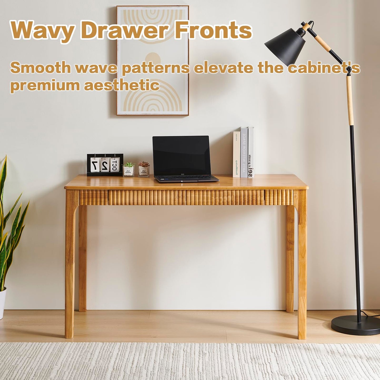 JTYP Solid Wood Desk with Drawers, Light Wood Desk for Small Spaces, Small Writing Desk for Bedroom, Gaming Study Home Office Wooden Desks for Work, 47 inch Wood Computer Desk