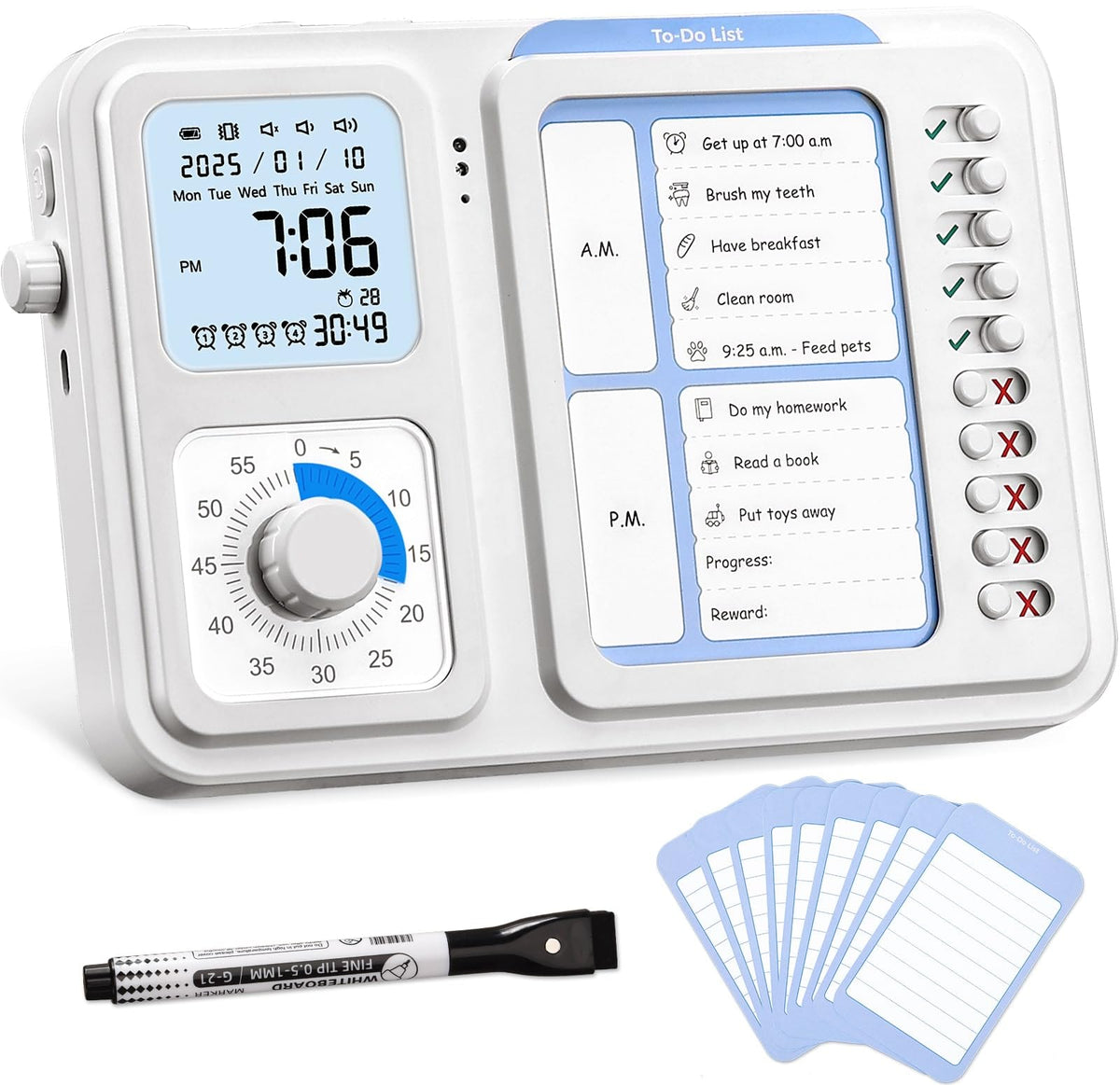 3-in-1 Visual Timer & ADHD Tool for Kids|Adults, Task Timer with Chore Chart Board, Visual Schedule for Kids with Autism, Daily Checklist for Home, School, Classroom, Desk