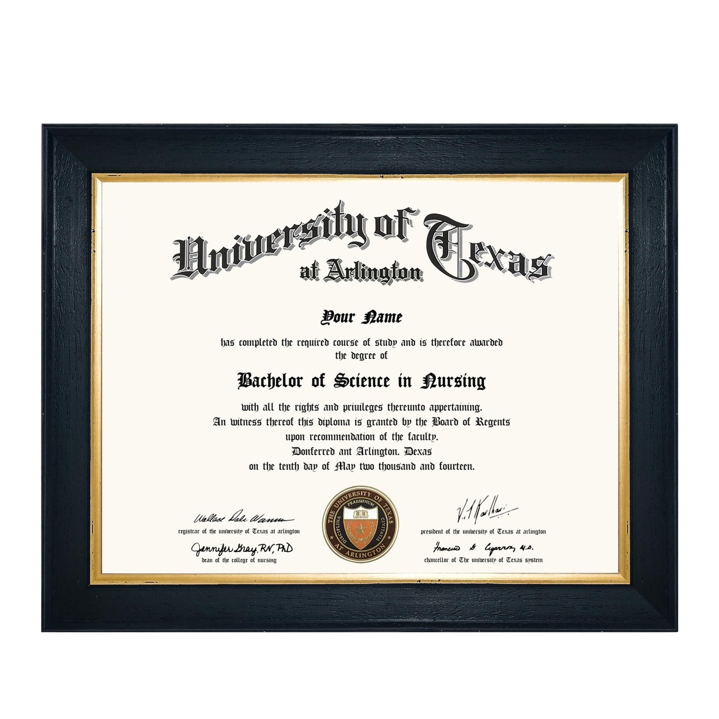 GMFrames 8.5x11 Wood Diploma Frame, Tempered Glass, Rustic Black Finish with Gold Trim