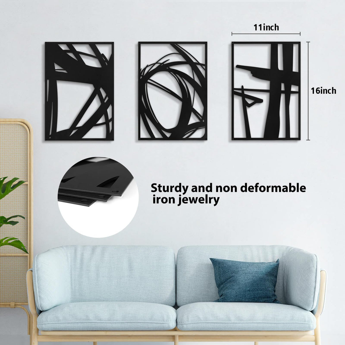 Pinetree Art Abstract Metal Wall Art Decor, 3 Pack Modern Wall Art, Minimalist Line Art Décor, 3D Textured Sculptures for Living Room Bedroom Bathroom (Black 11" x 16")