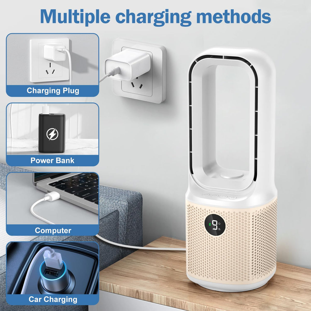 Small Bladeless Desk Fan Quiet, 14 Inch USB Rechargeable Table Fan with 5000mAh Battery, 60° Oscillating 9 Speeds Touch Control, 3 Light Modes, Mini Portable Fan for Office Bedroom Living Room