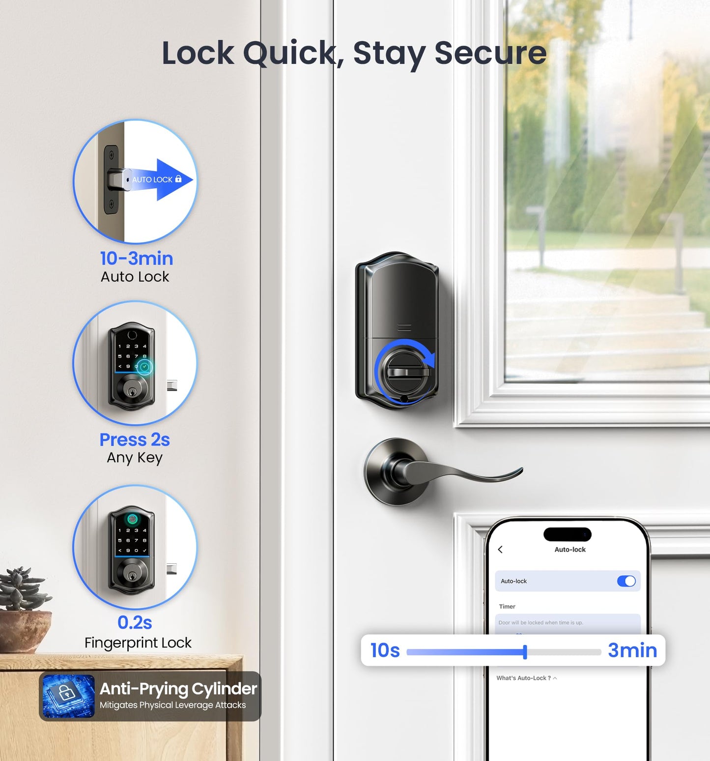 Veise VE017-L Fingerprint Smart Lock with Lever Handles, App Control, Keyless Entry Front Door Lock Set, Electronic Digital Keypad Deadbolt, Remote Grant, Emergency Power Port, Auto Lock, Matte Black